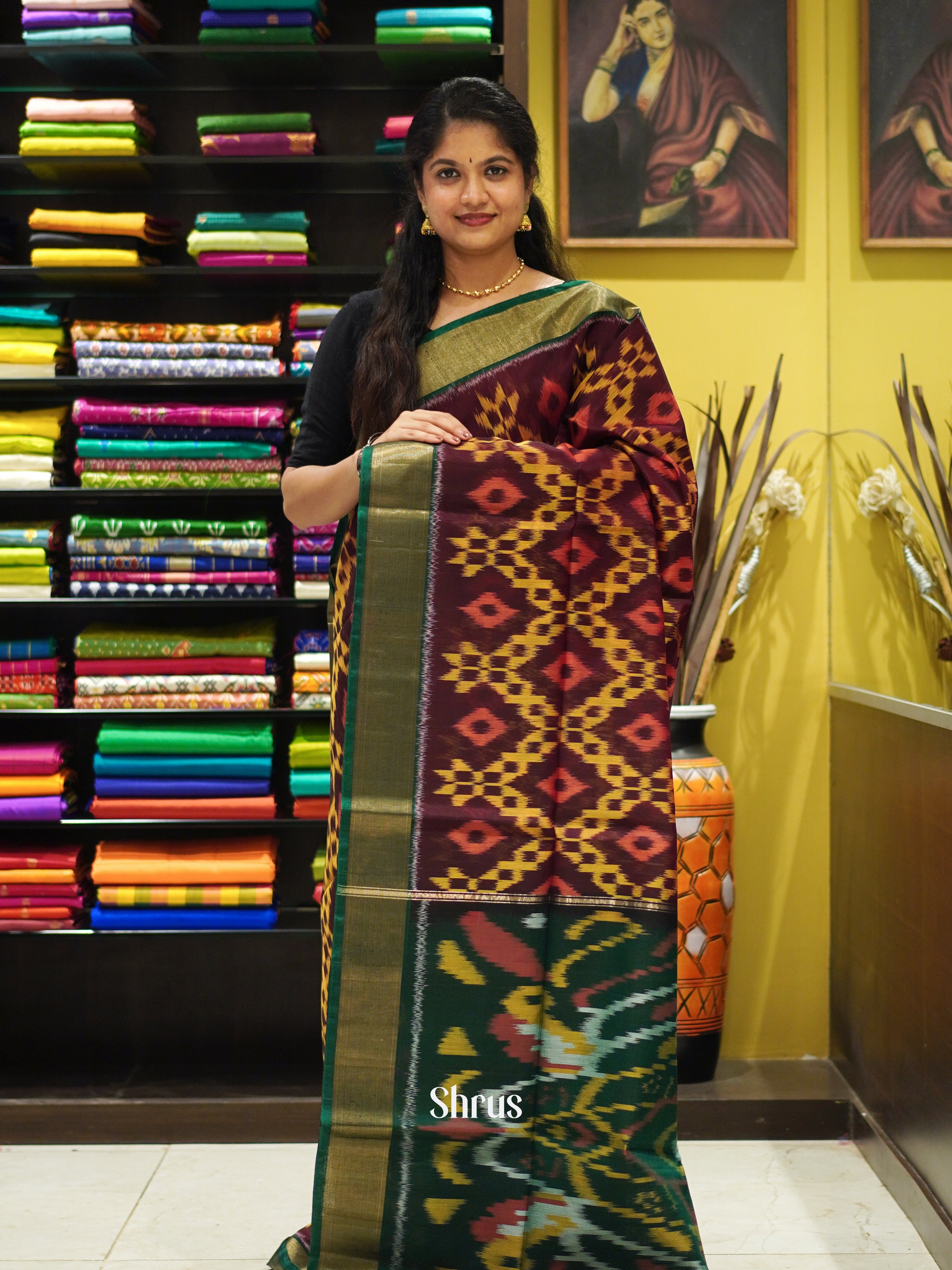Brown & Green - Pochampally sico Saree - Shop on ShrusEternity.com