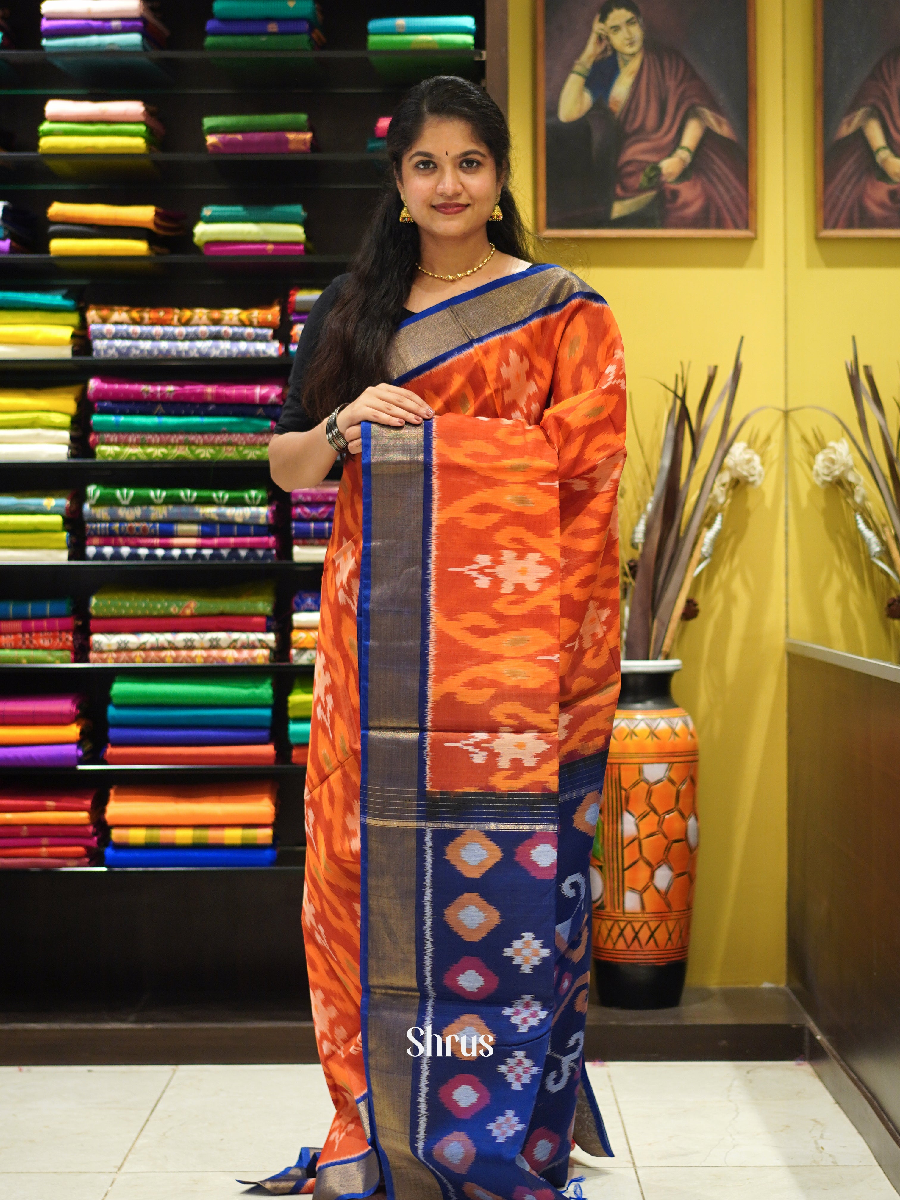 Orange & Blue - Pochampally sico Saree - Shop on ShrusEternity.com