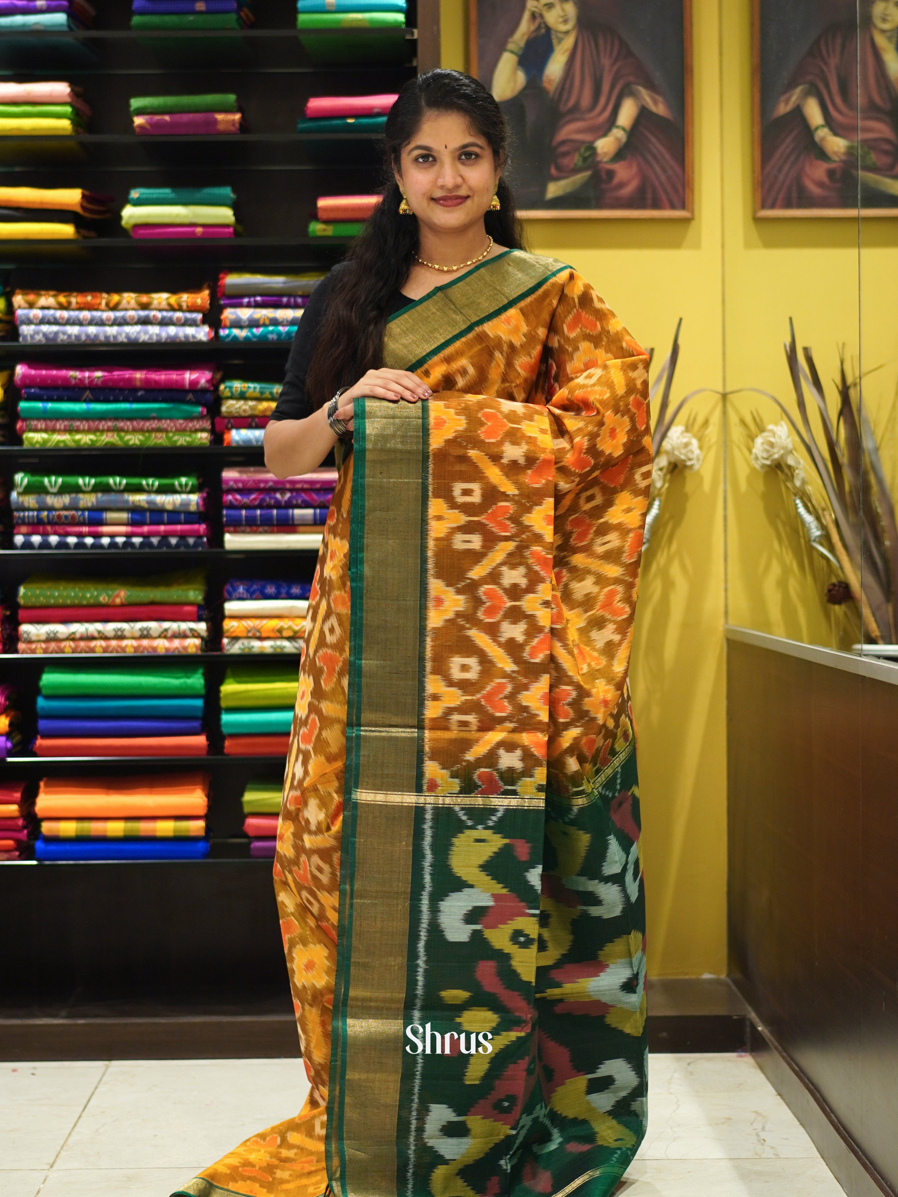 Brown & Green - Pochampally sico Saree - Shop on ShrusEternity.com