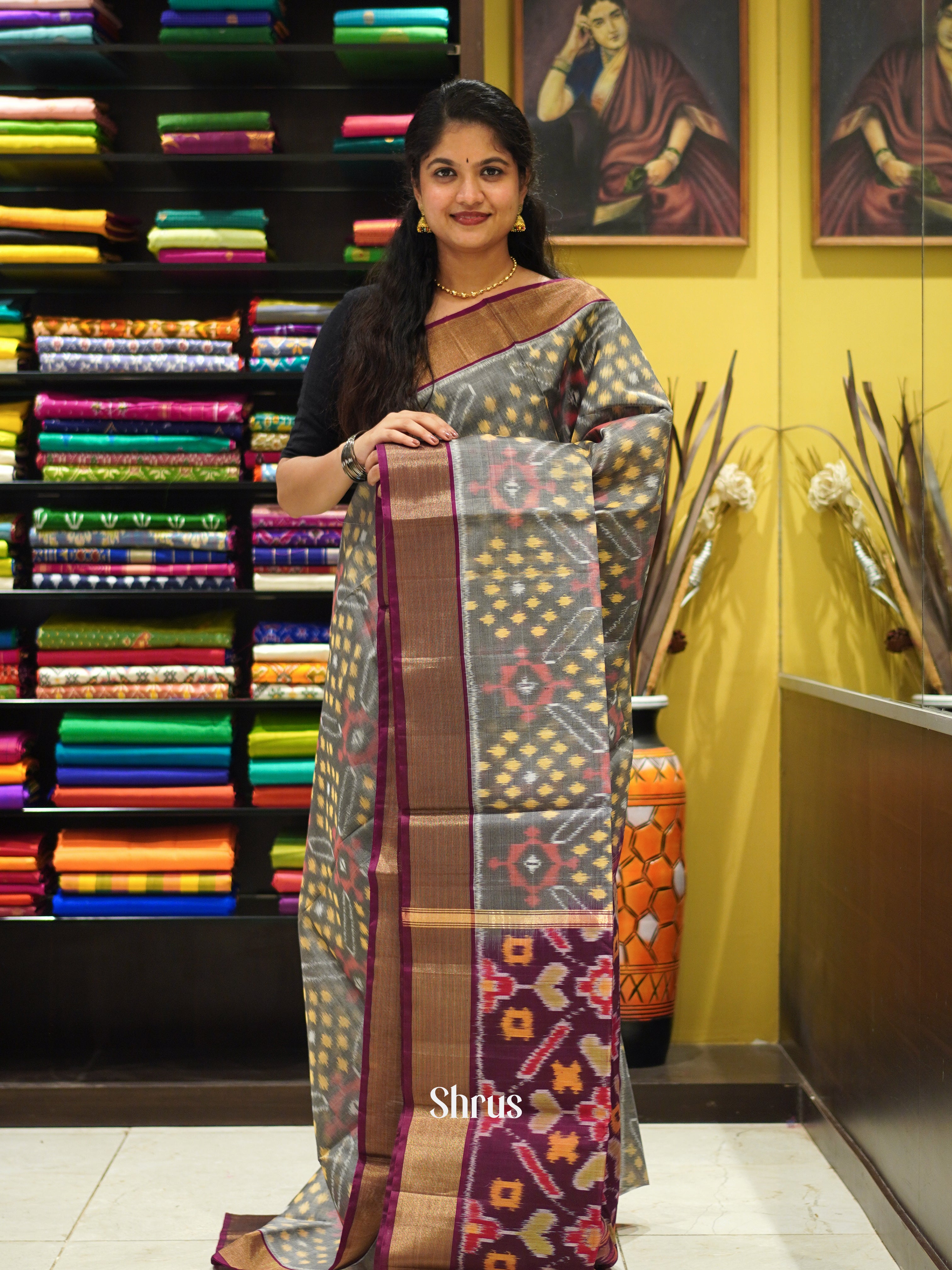Grey & Wine - Pochampally sico Saree - Shop on ShrusEternity.com