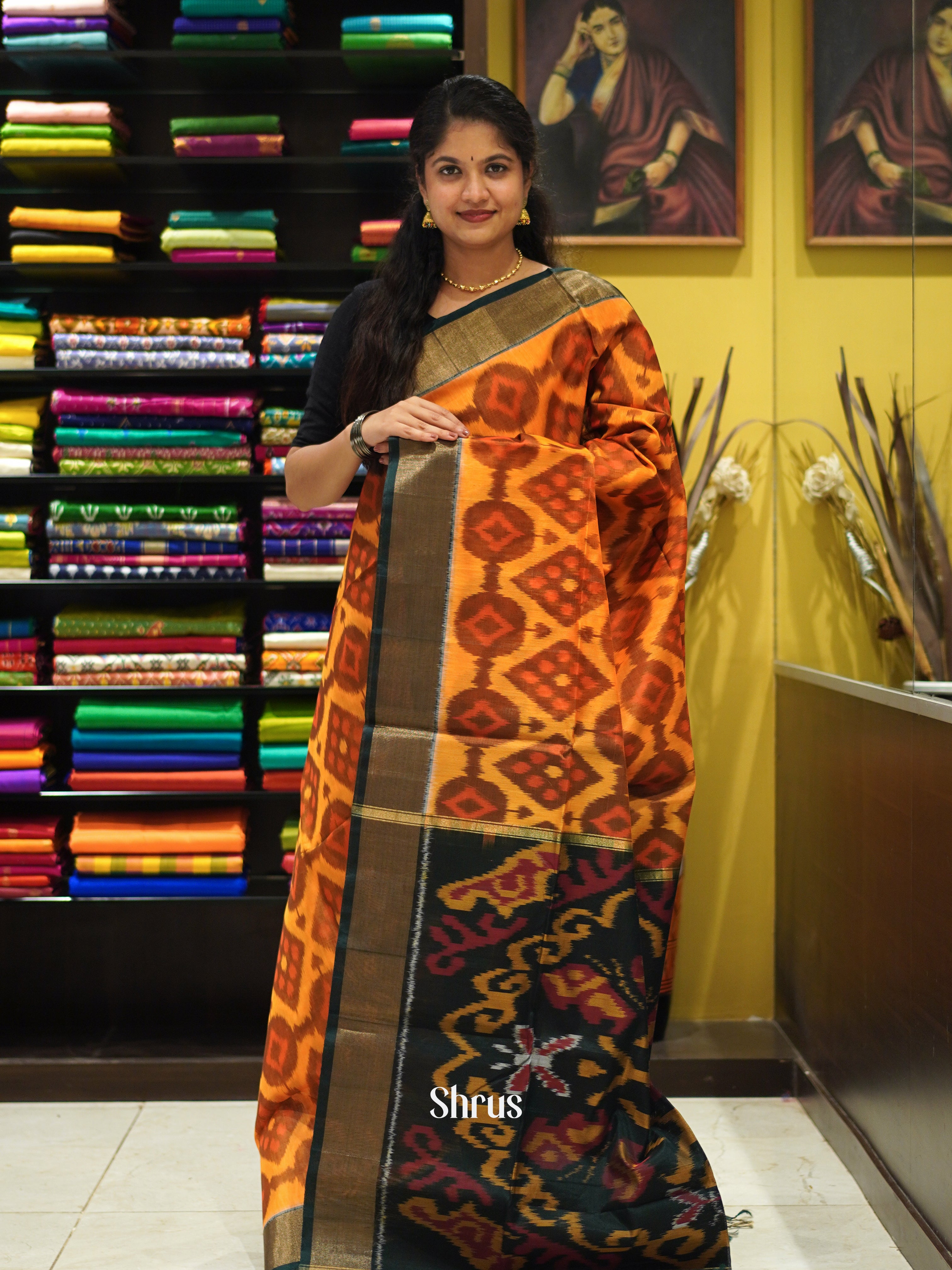 Mustard & Dark Green - Pochampally sico Saree - Shop on ShrusEternity.com