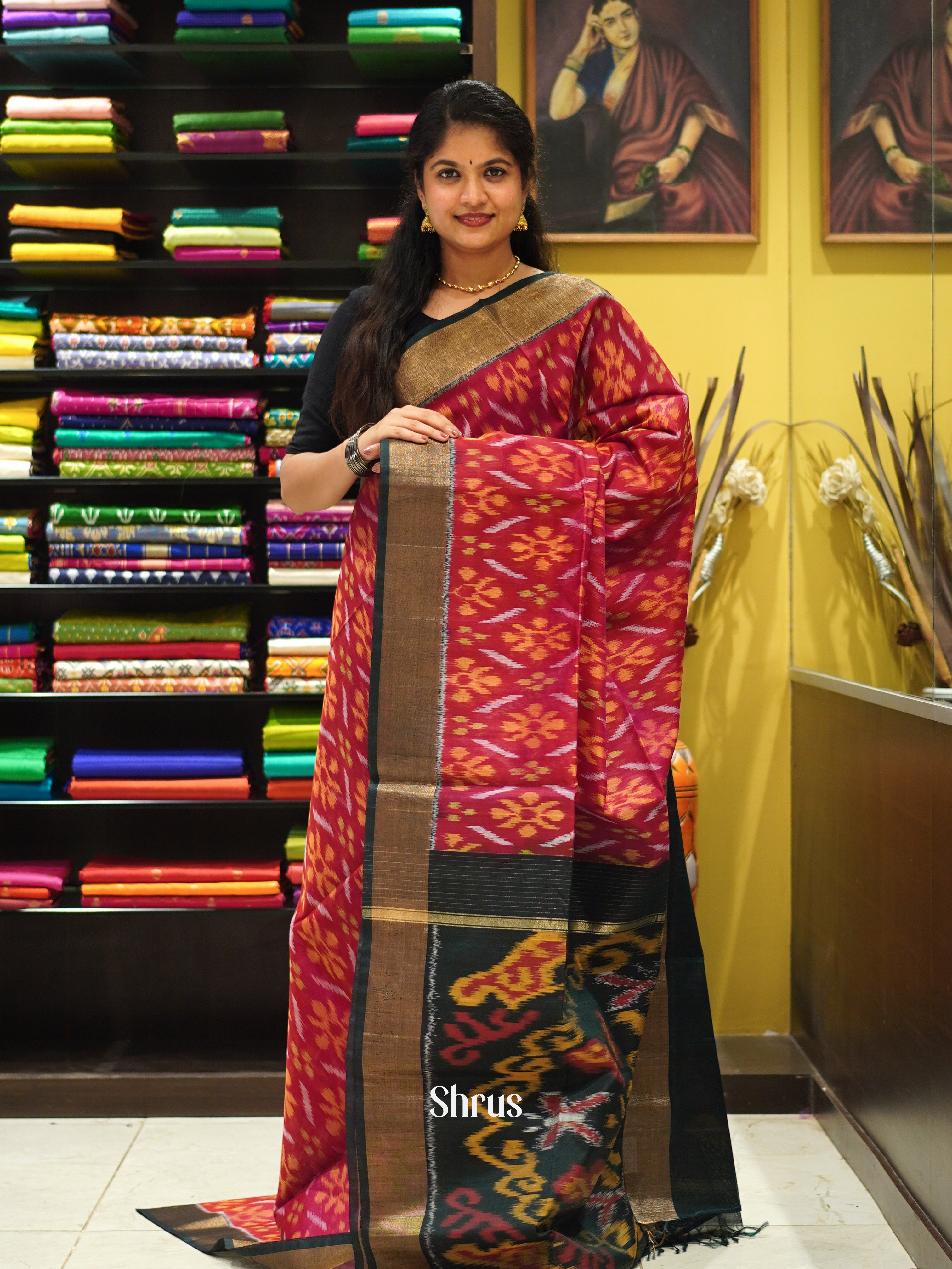 Red & Dark Green - Pochampally sico Saree - Shop on ShrusEternity.com