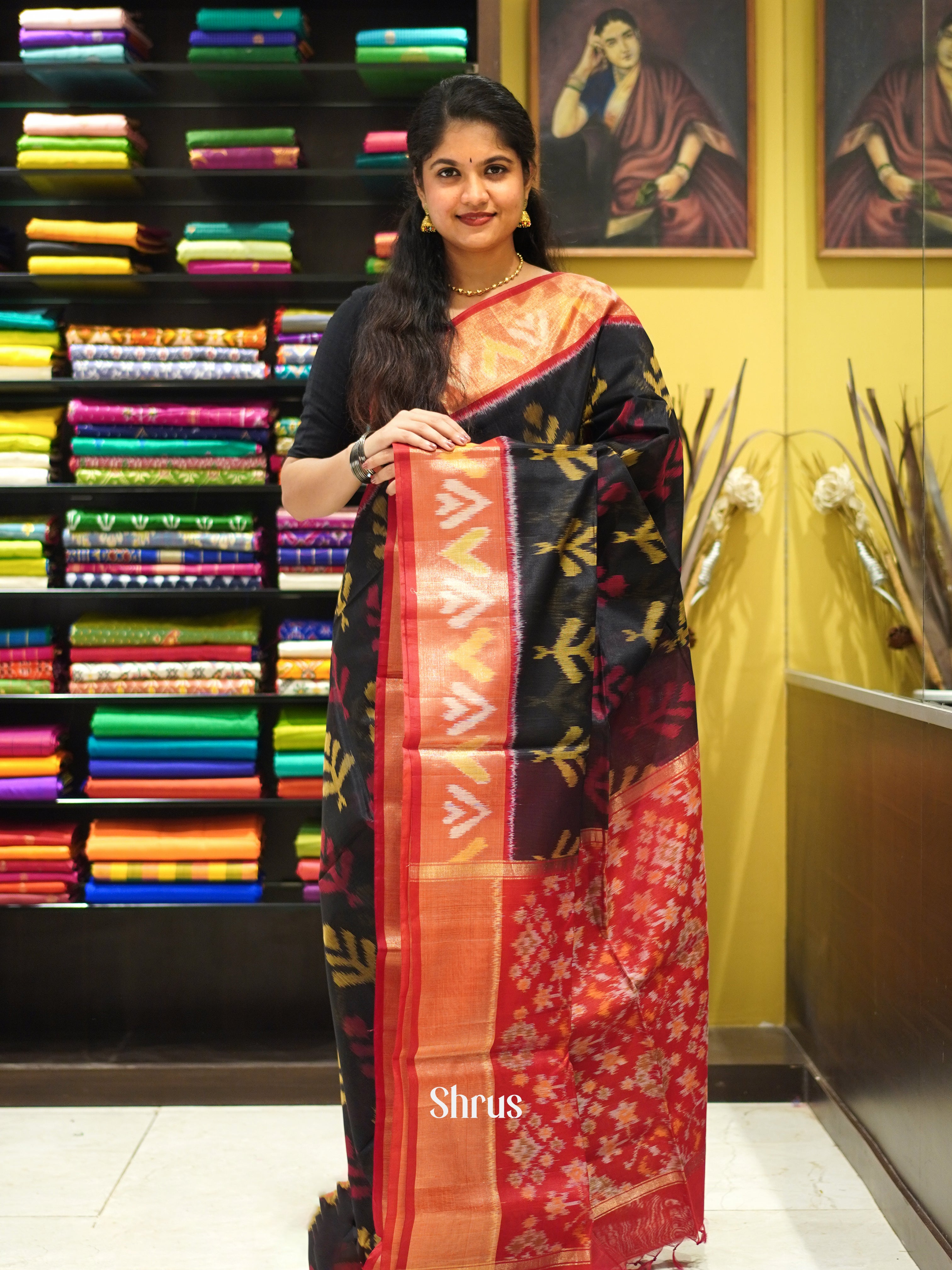 Black & Red - Pochampally sico Saree - Shop on ShrusEternity.com