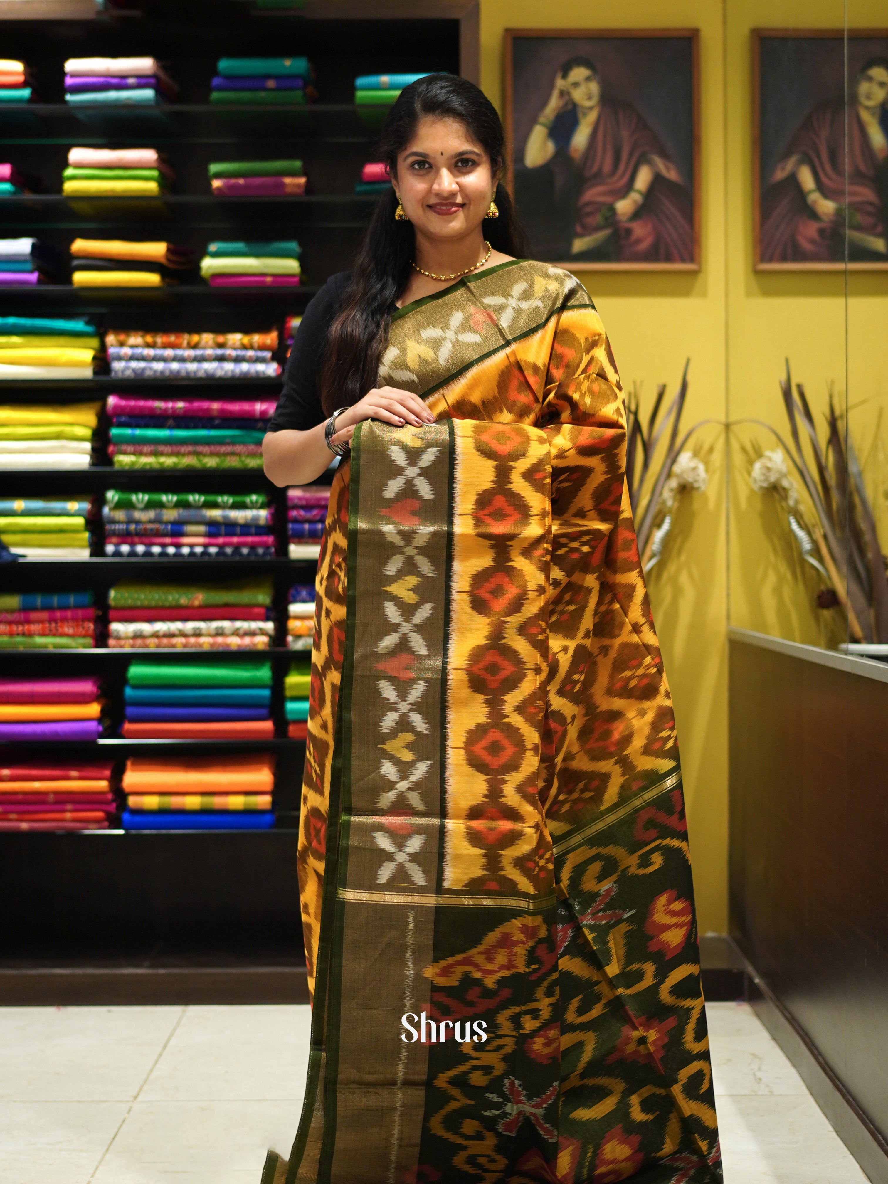 Mustard & Green - Pochampally sico Saree - Shop on ShrusEternity.com