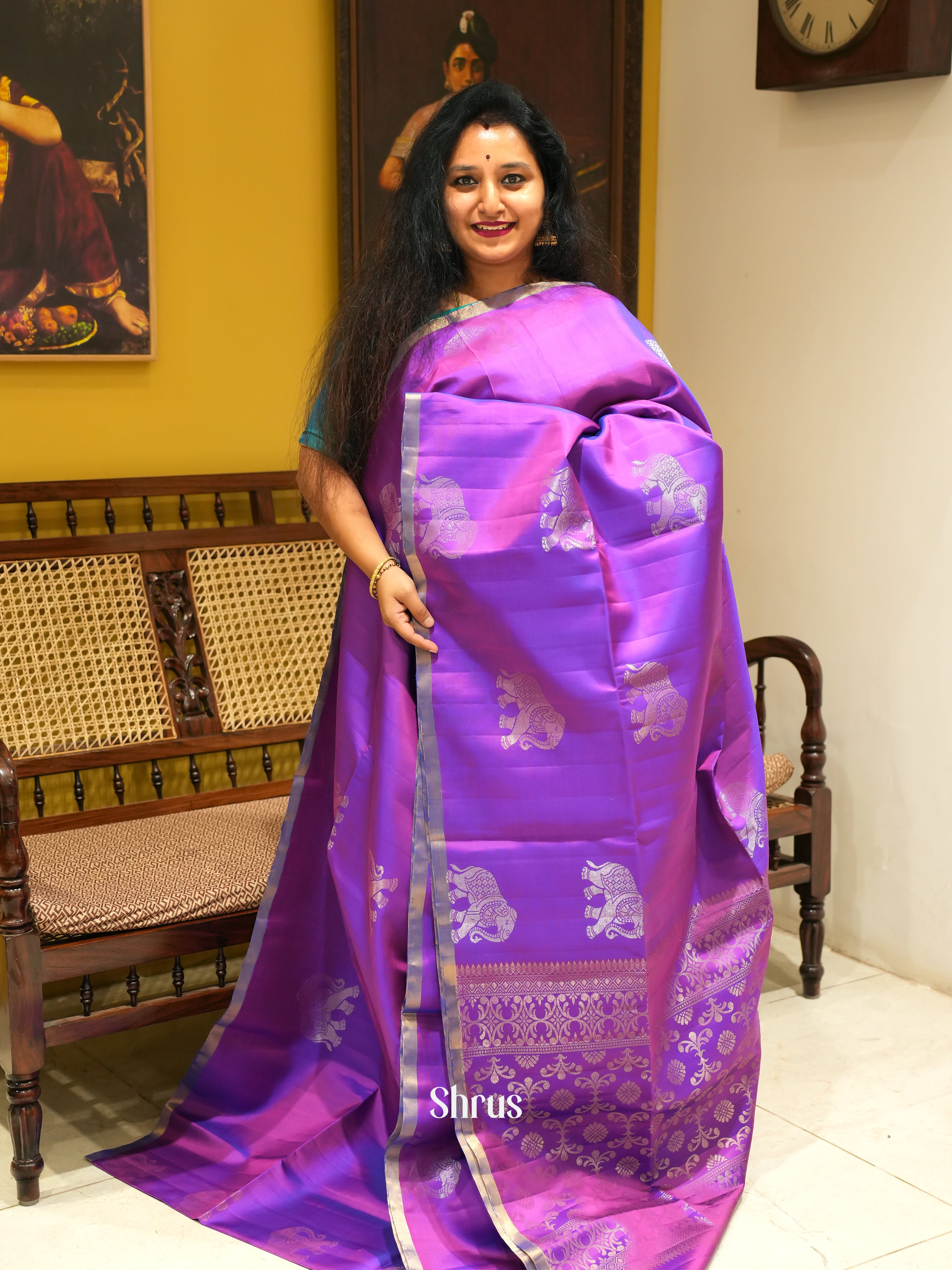 Purple & Blue - Soft Silk Saree - Shop on ShrusEternity.com