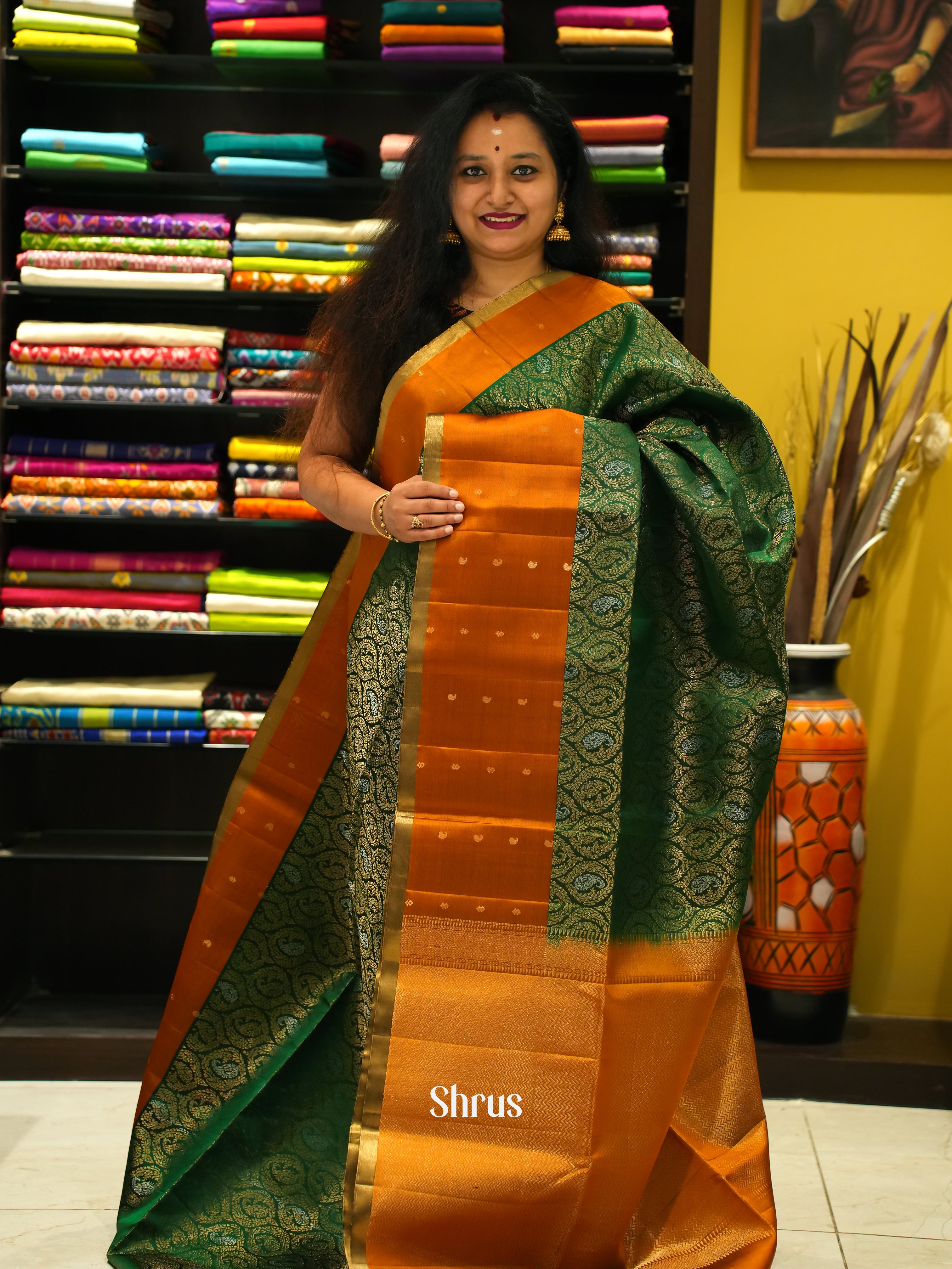 Green & Orange - Soft Silk Saree - Shop on ShrusEternity.com