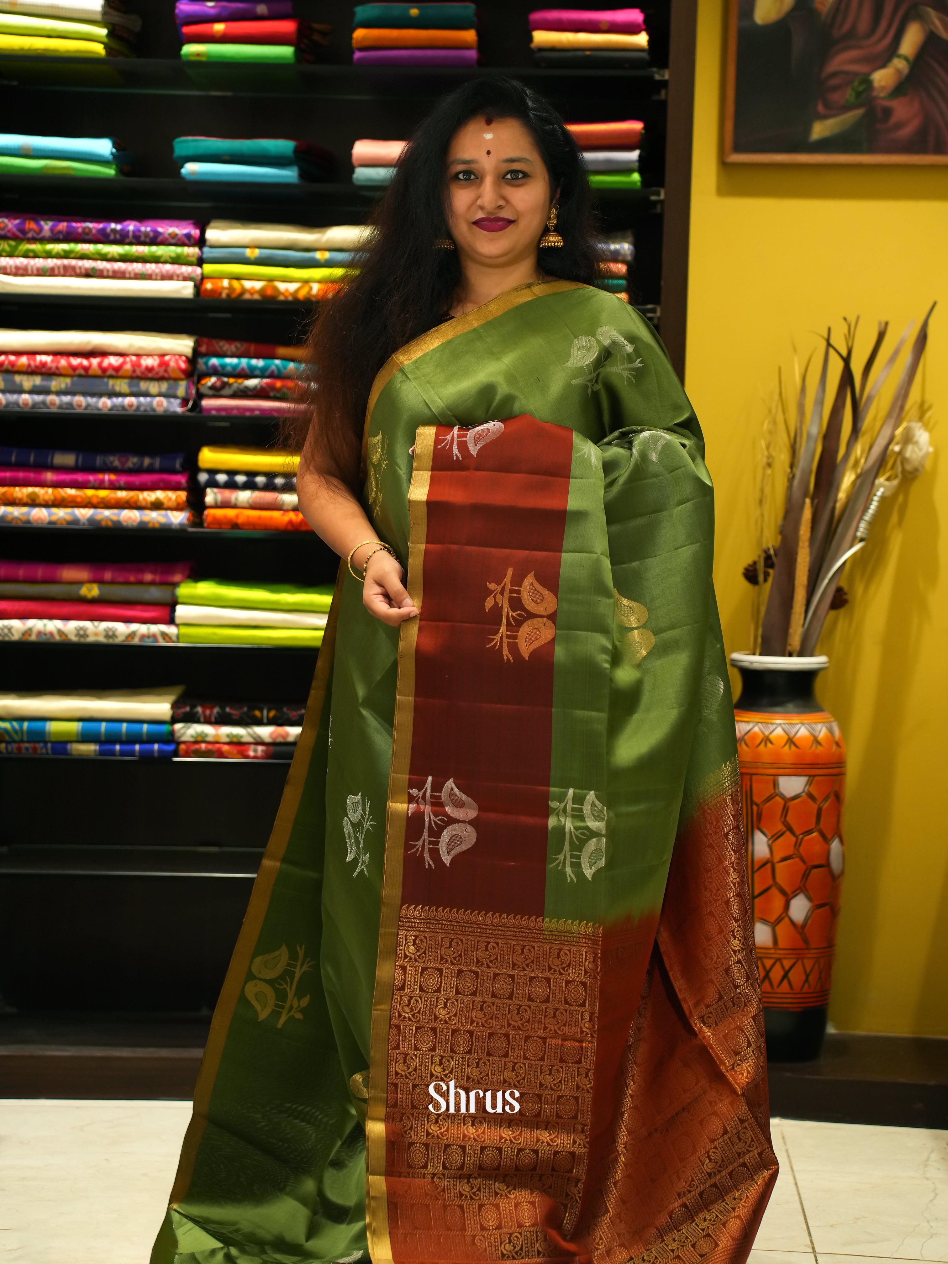 Green & Maroon - Soft Silk Saree - Shop on ShrusEternity.com