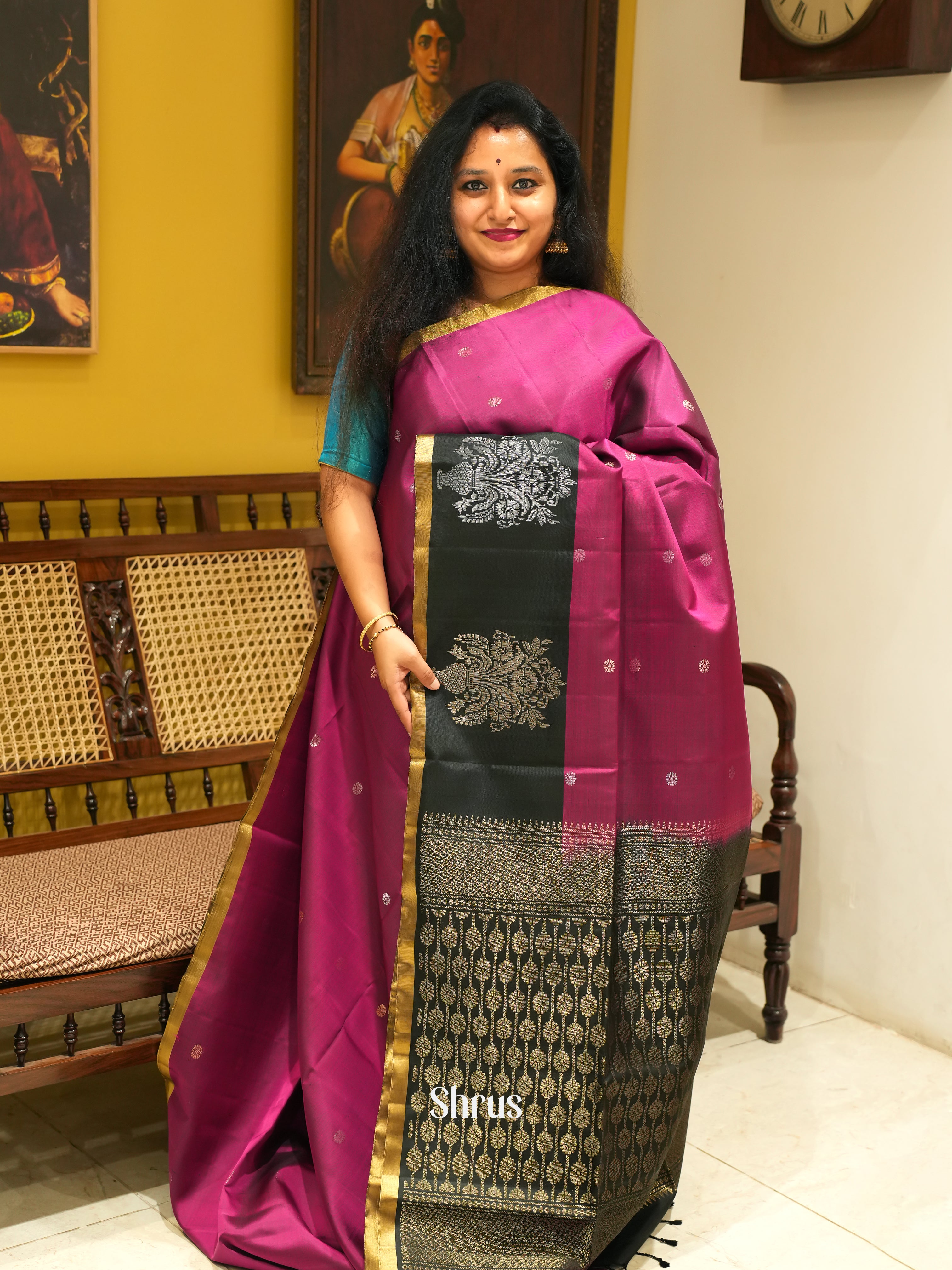 Wine & Black - Soft Silk Saree - Shop on ShrusEternity.com