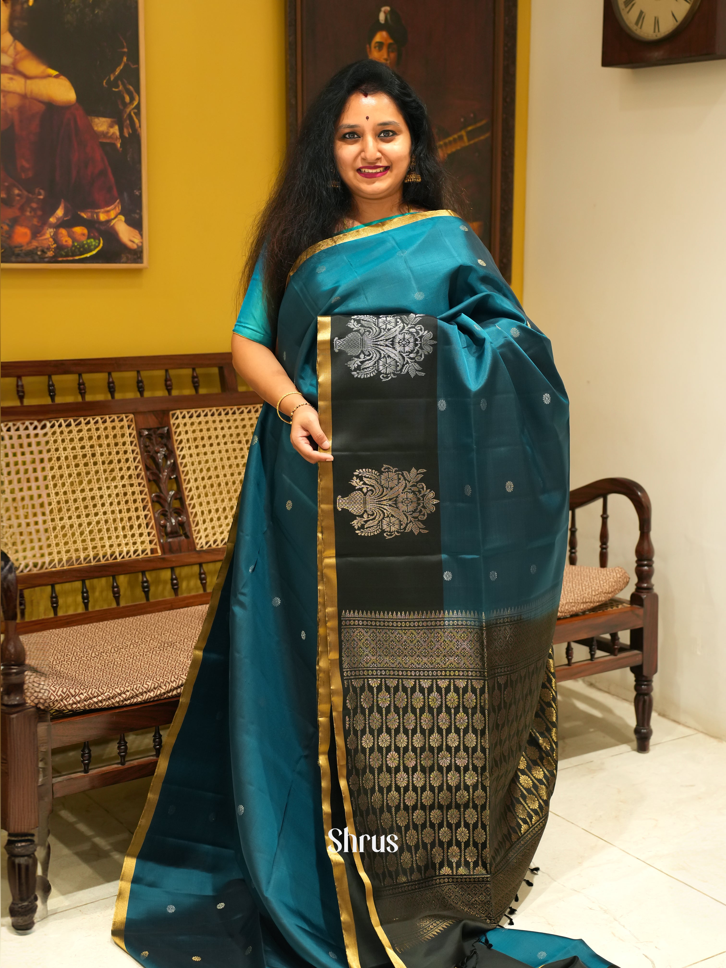 Peacock Blue & Black - Soft Silk saree - Shop on ShrusEternity.com