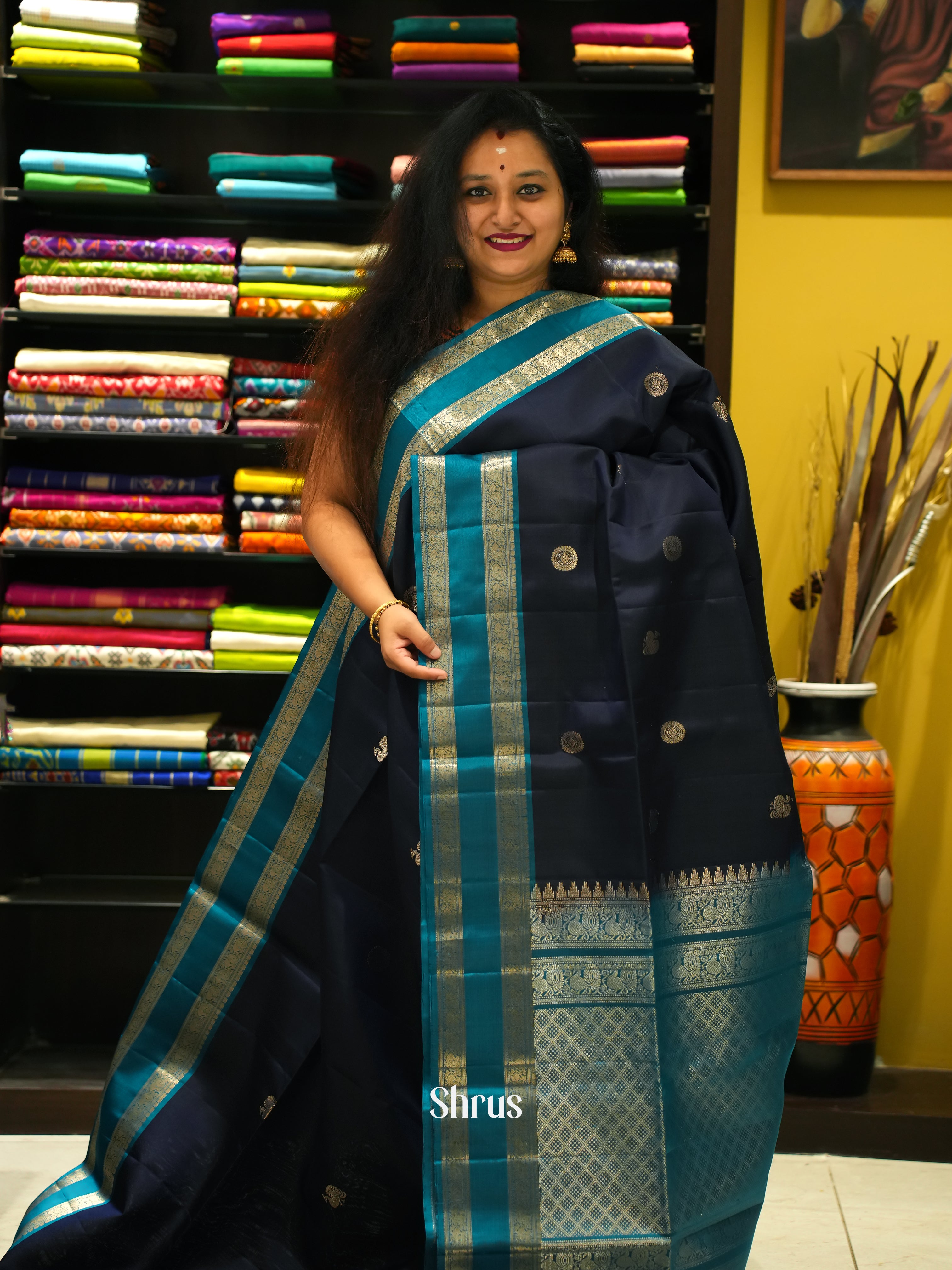 Navy Blue & Blue - Soft Silk Saree - Shop on ShrusEternity.com
