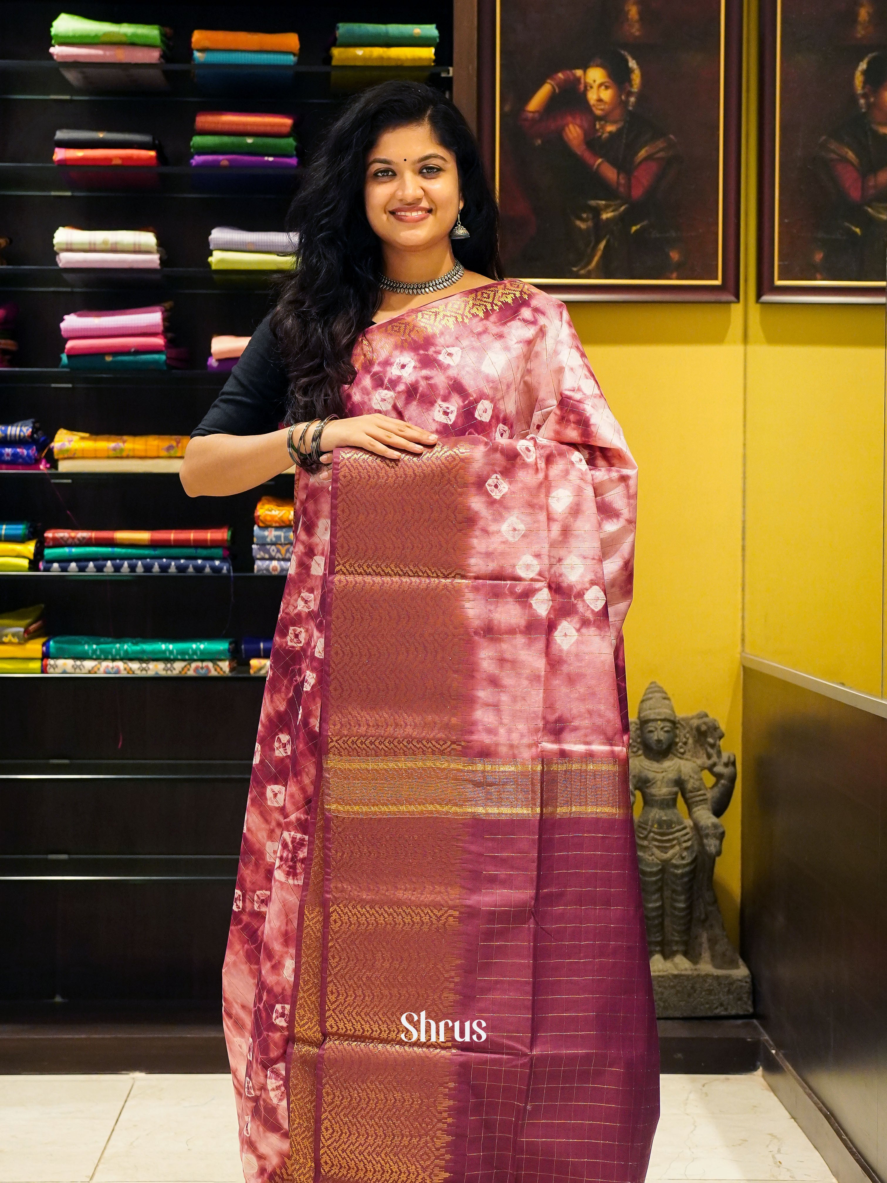 Cream & Maroon -Shibori Saree - Shop on ShrusEternity.com