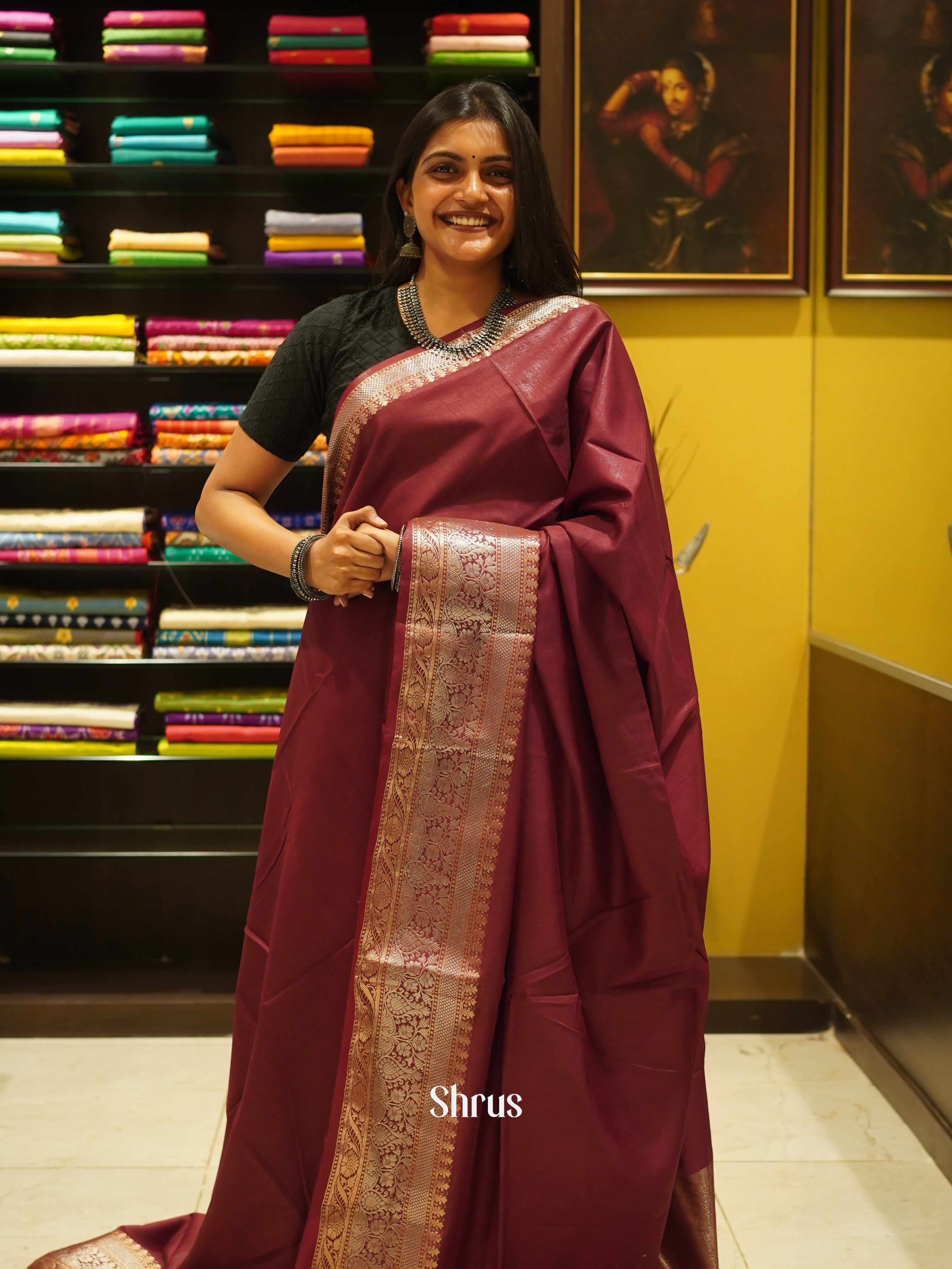 Maroon(Single Tone)- Semi Tussar saree - Shop on ShrusEternity.com