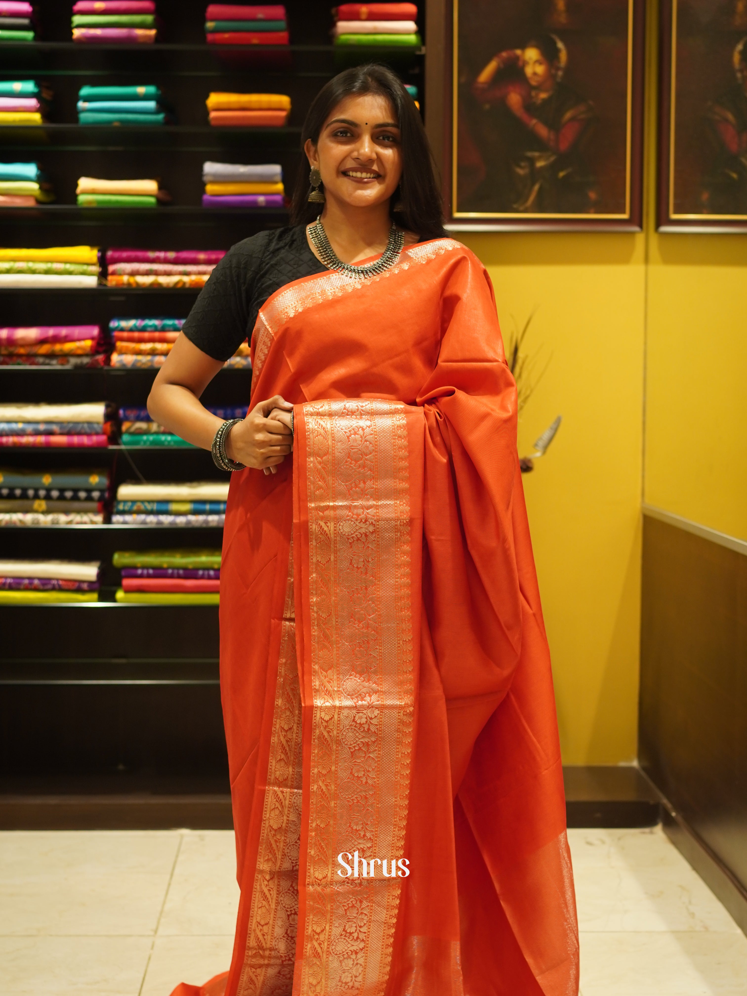 Orange(Single Tone)- Semi Tussar Saree - Shop on ShrusEternity.com