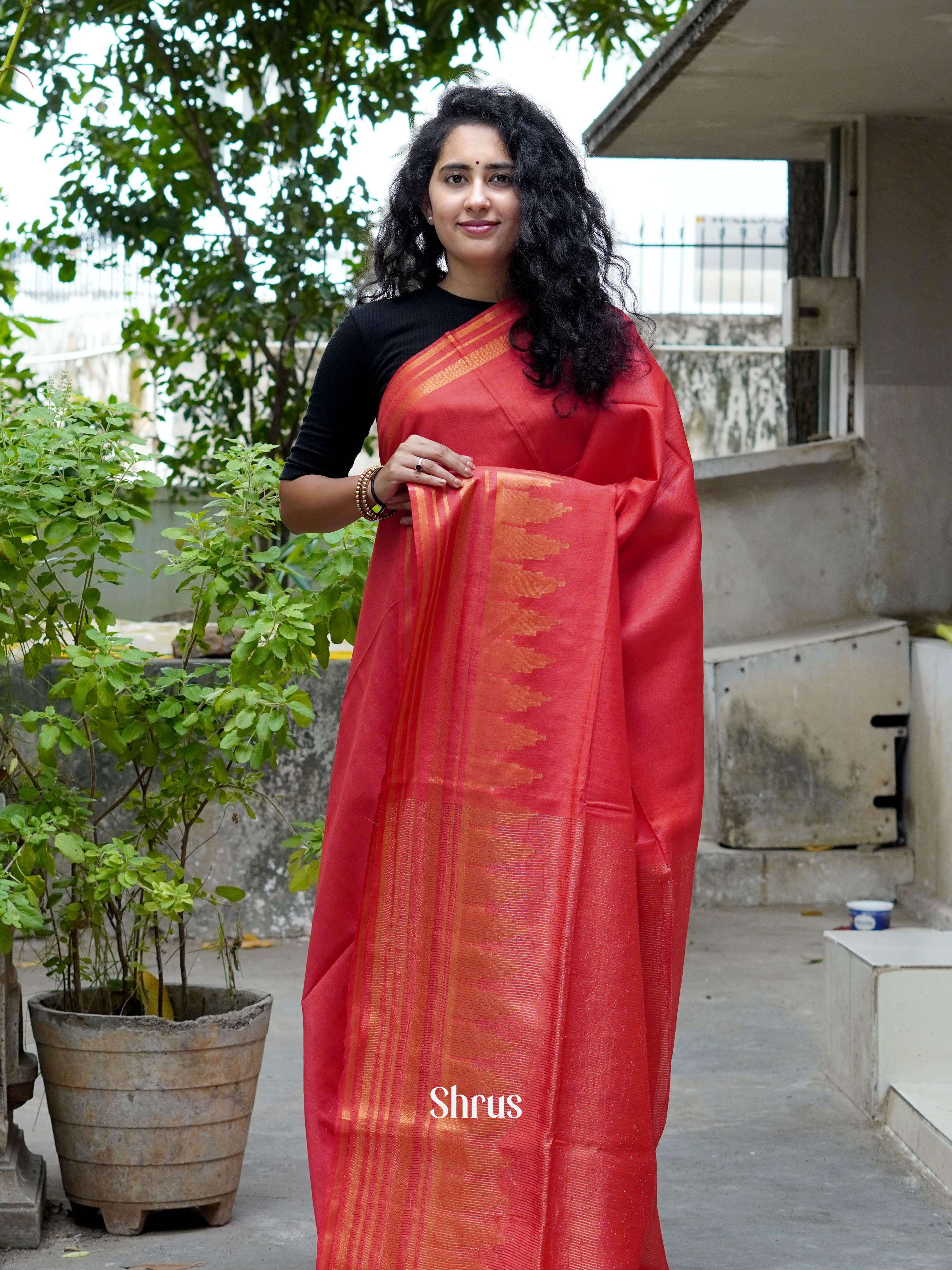 Red(Single Tone) - Semi Tussar Saree - Shop on ShrusEternity.com