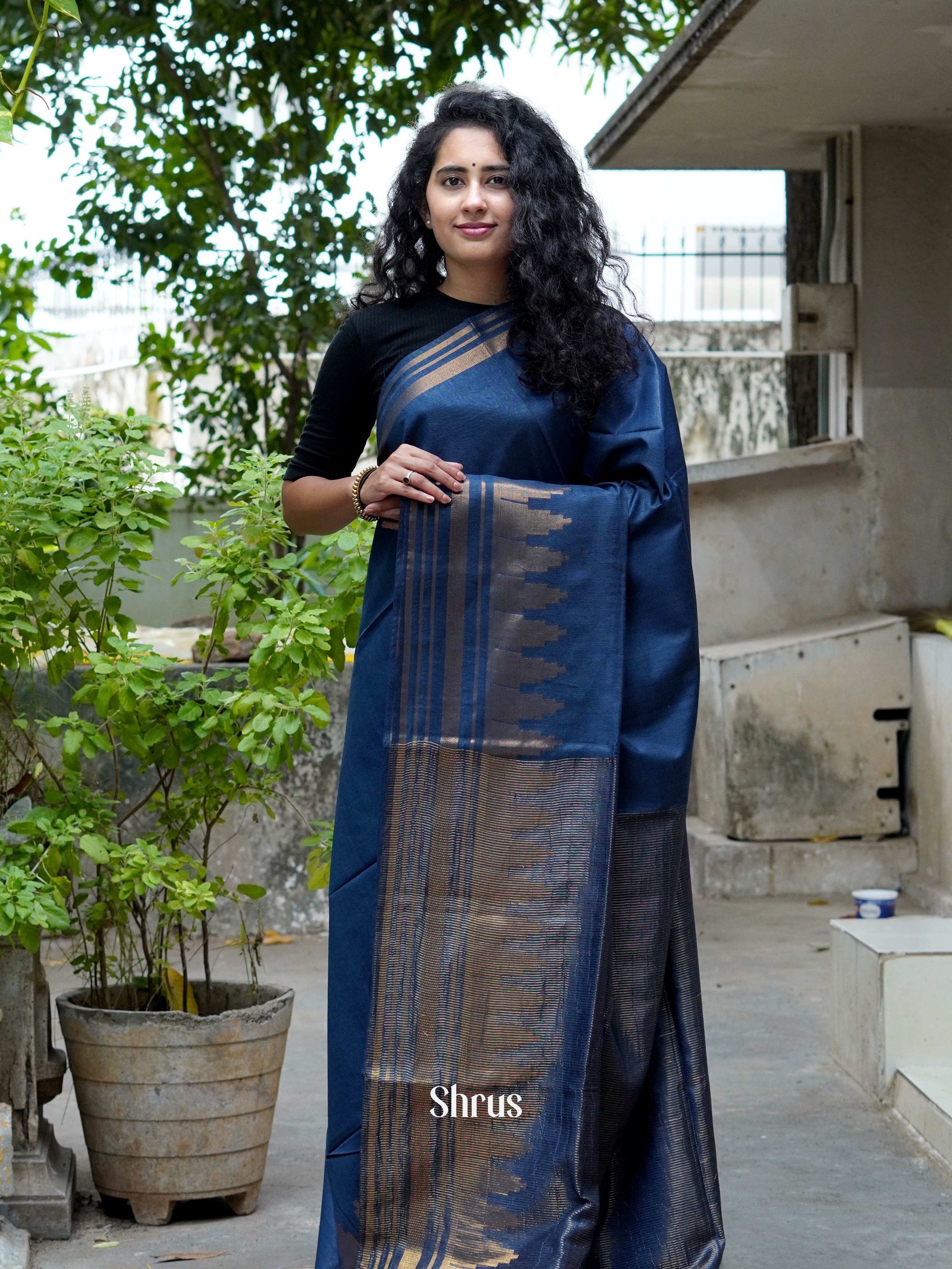 Blue(Single Tone) - Semi Tussar Saree - Shop on ShrusEternity.com