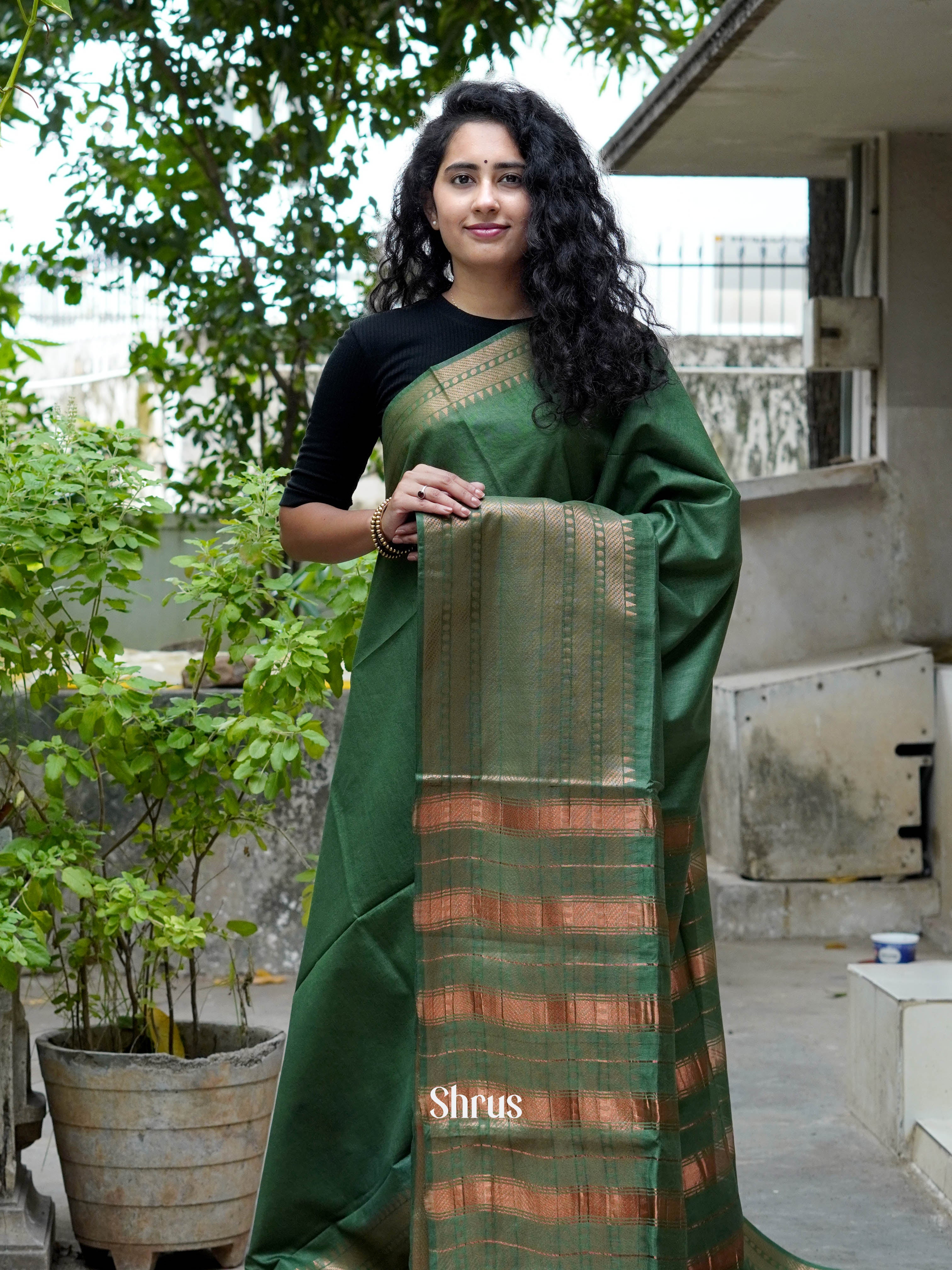 Green(Single Tone) - Semi Tussar Saree - Shop on ShrusEternity.com