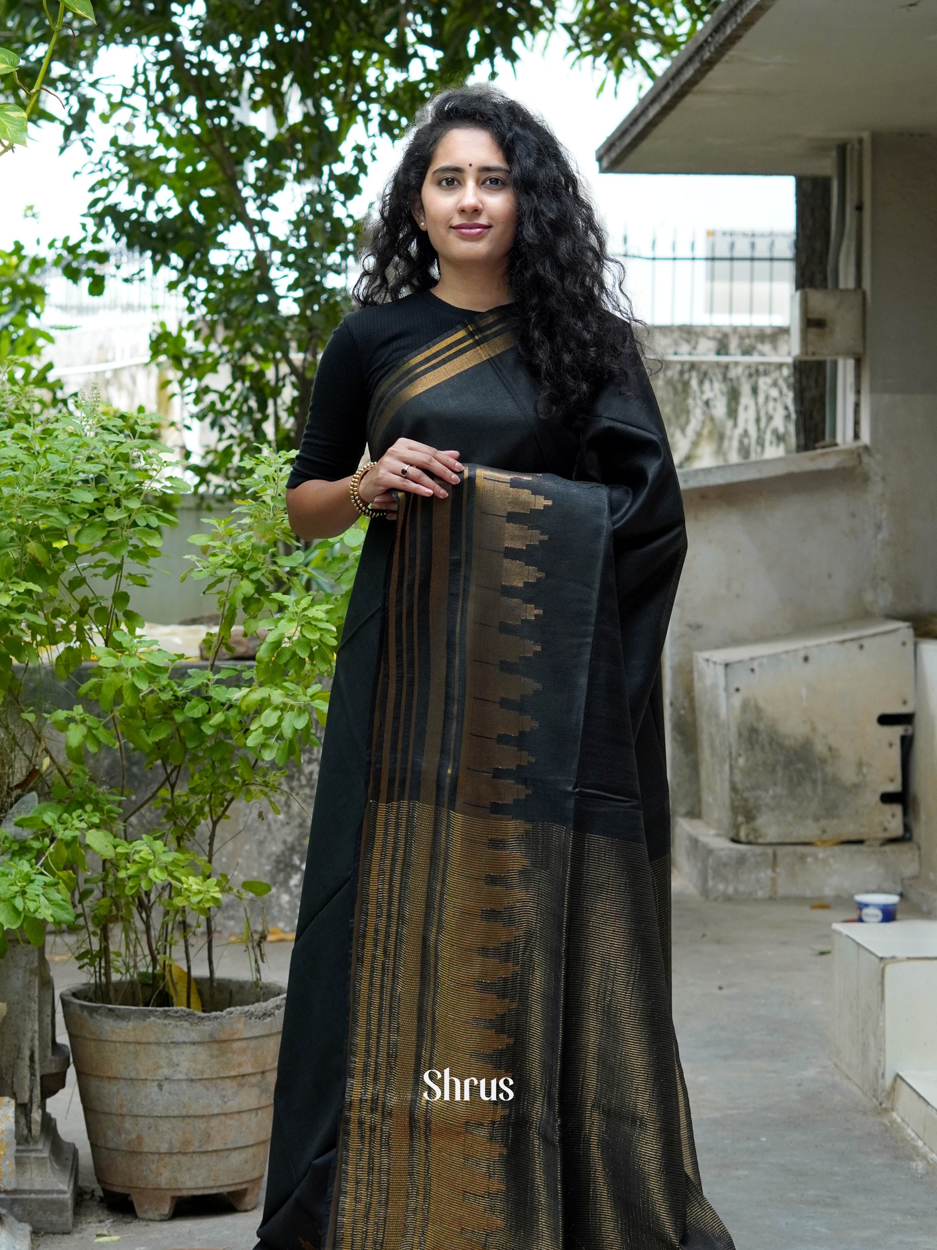 Black(Single Tone) - Semi Tussar Saree - Shop on ShrusEternity.com