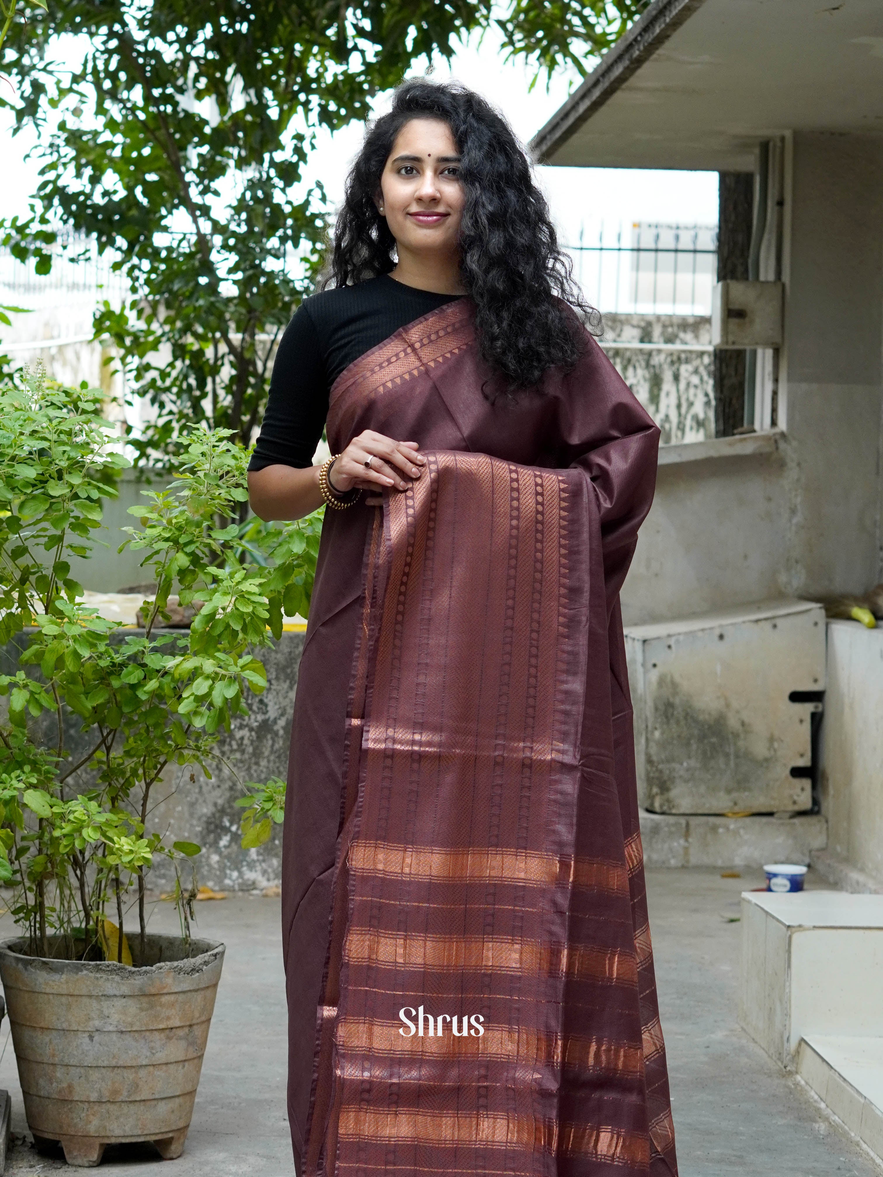 Brown(Single Tone) - Semi Tussar Saree - Shop on ShrusEternity.com