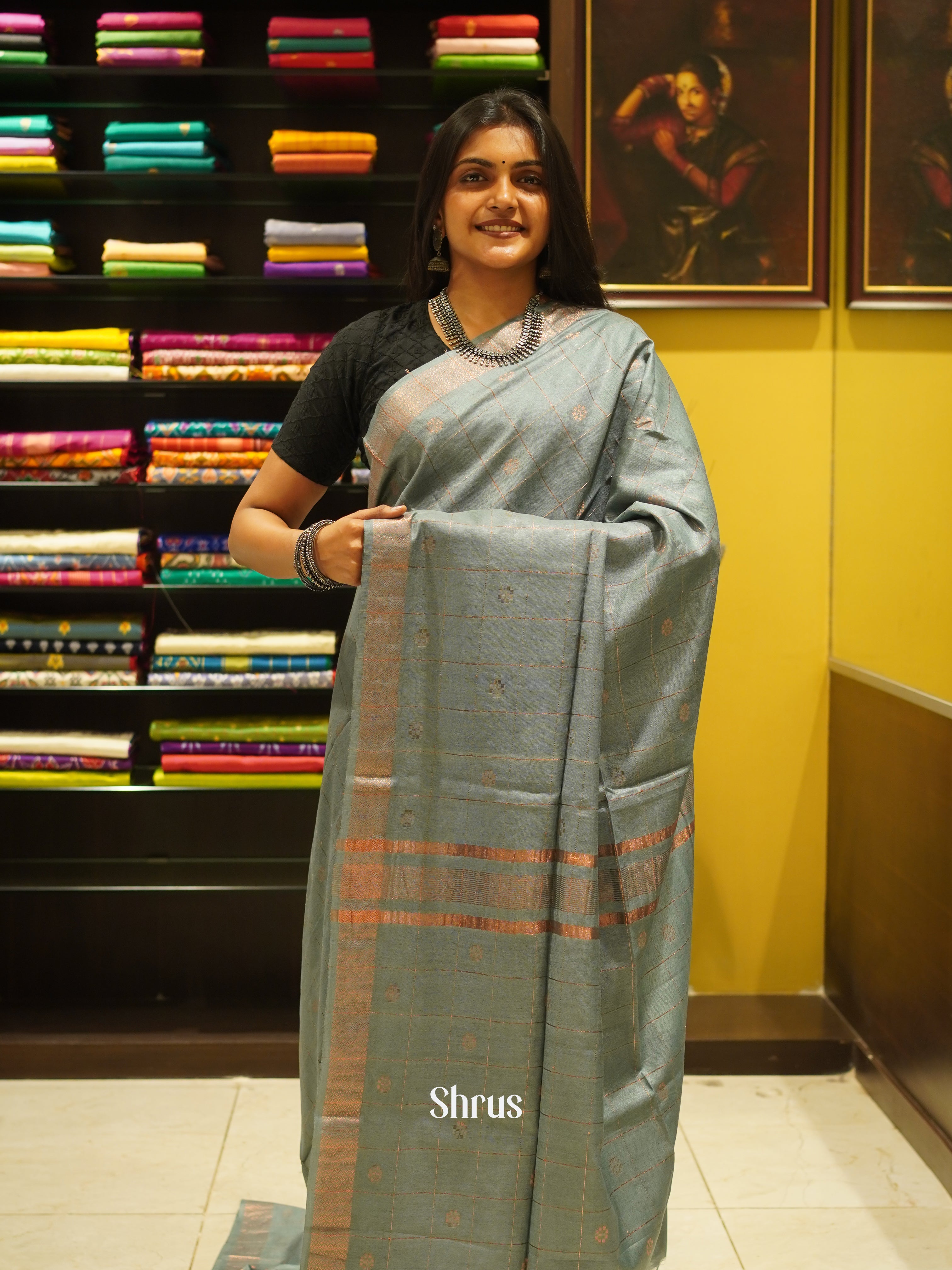 Grey(Single Tone)- Semi Tussar Saree - Shop on ShrusEternity.com