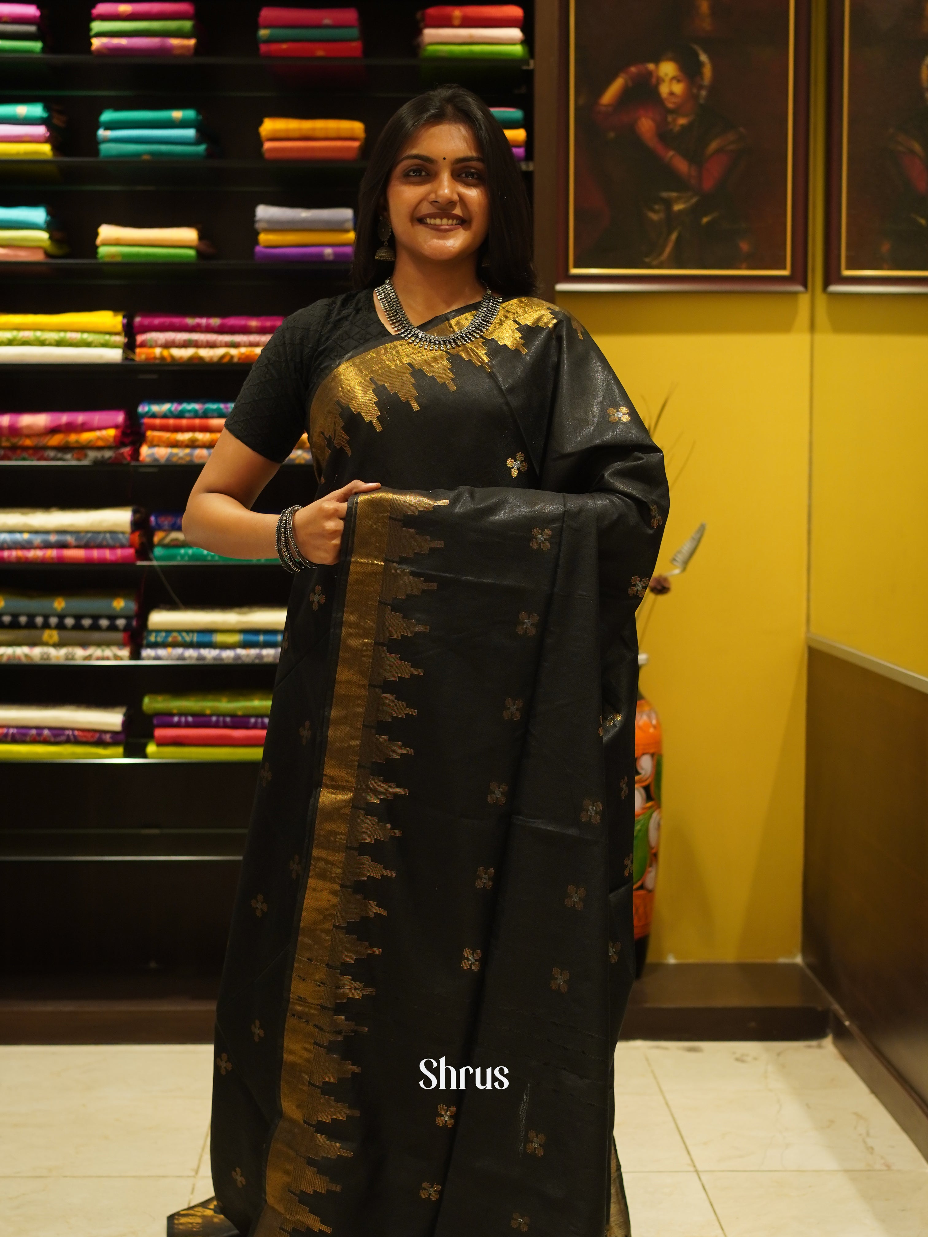 Black(Single Tone) - Semi Tussar Saree - Shop on ShrusEternity.com