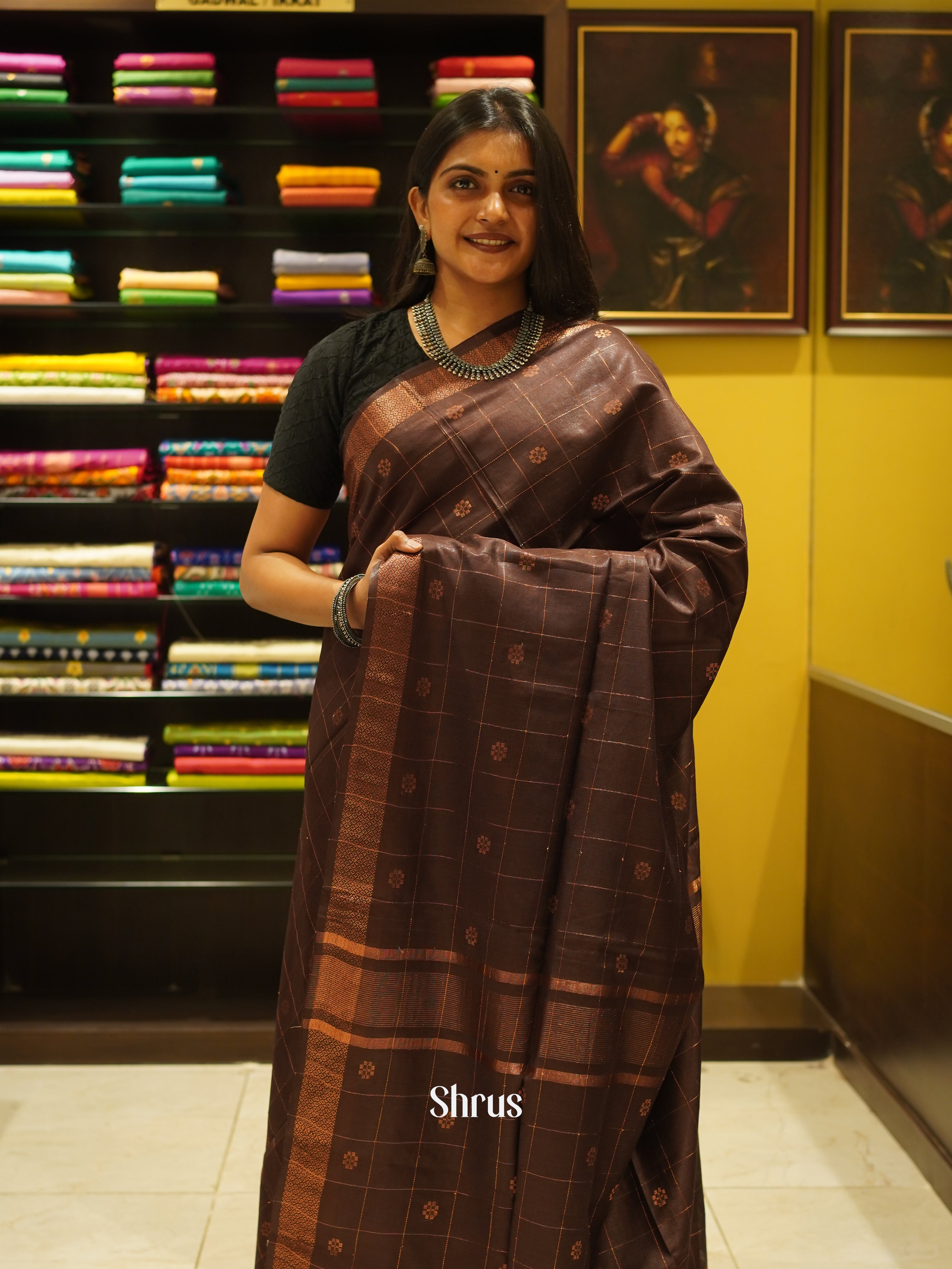 Brown(Single Tone)- Semi Tussar Saree - Shop on ShrusEternity.com