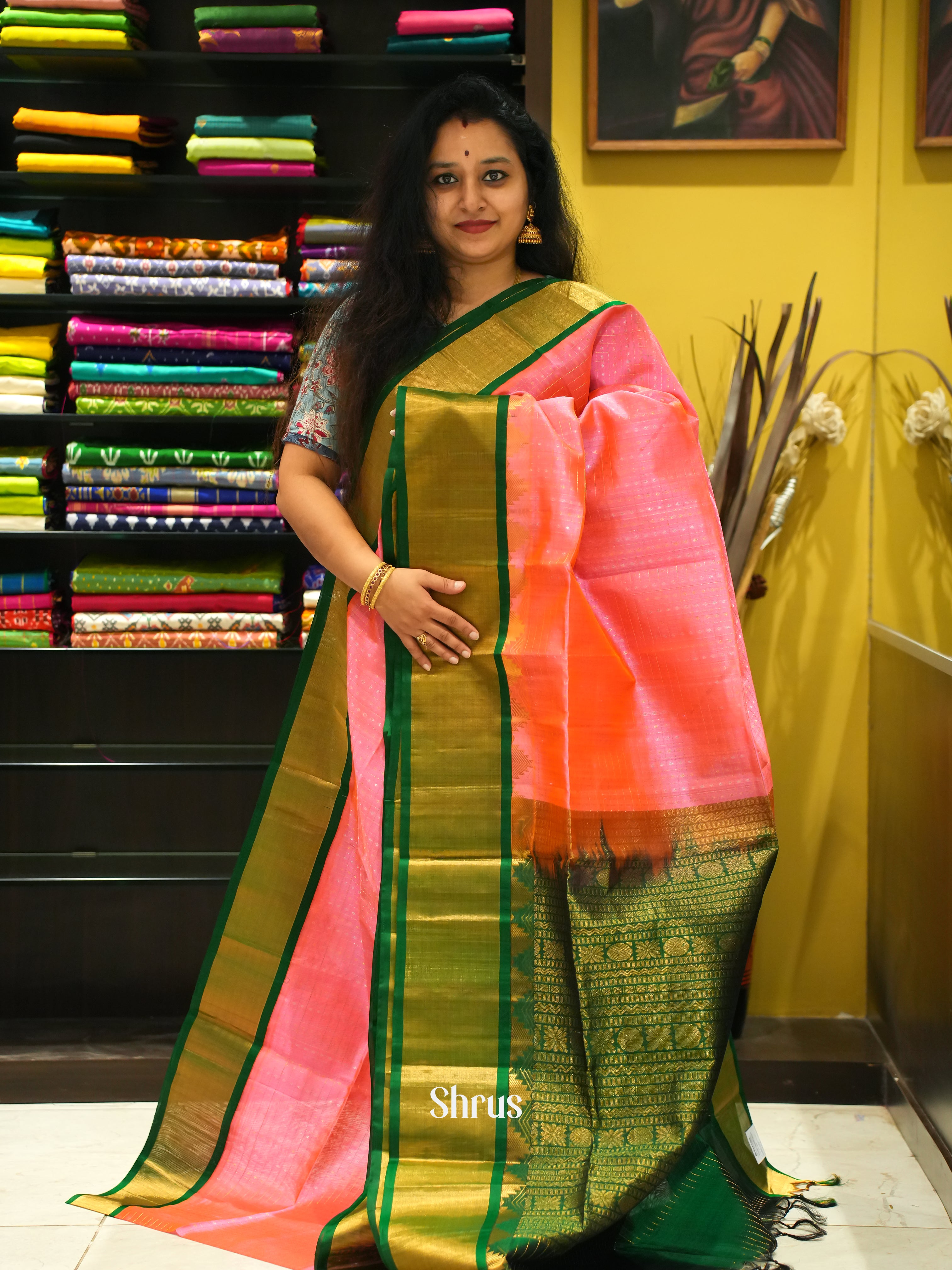 Pink & Green - Silk Cotton Saree - Shop on ShrusEternity.com