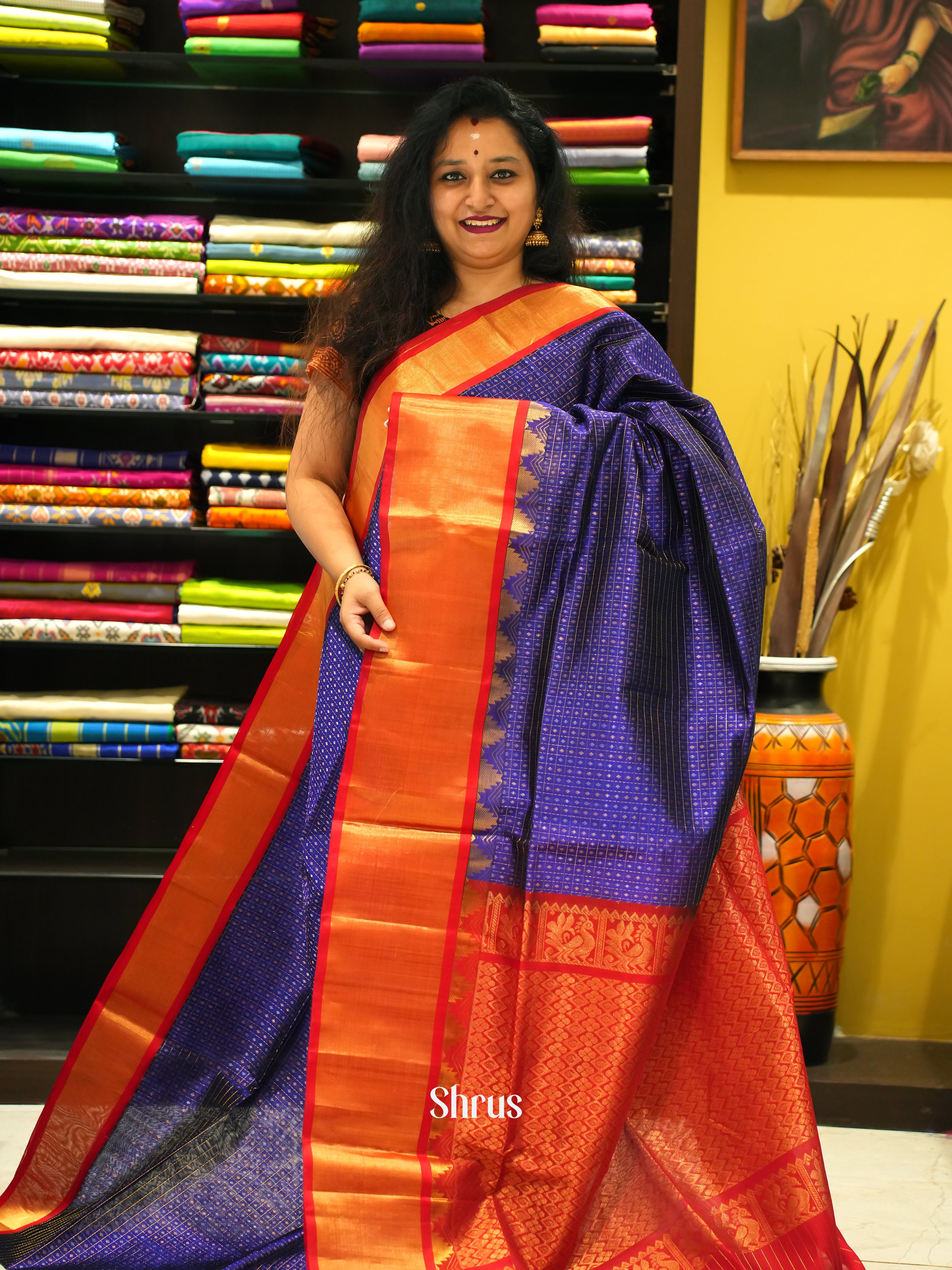Blue & Red - Silk Cotton Saree - Shop on ShrusEternity.com
