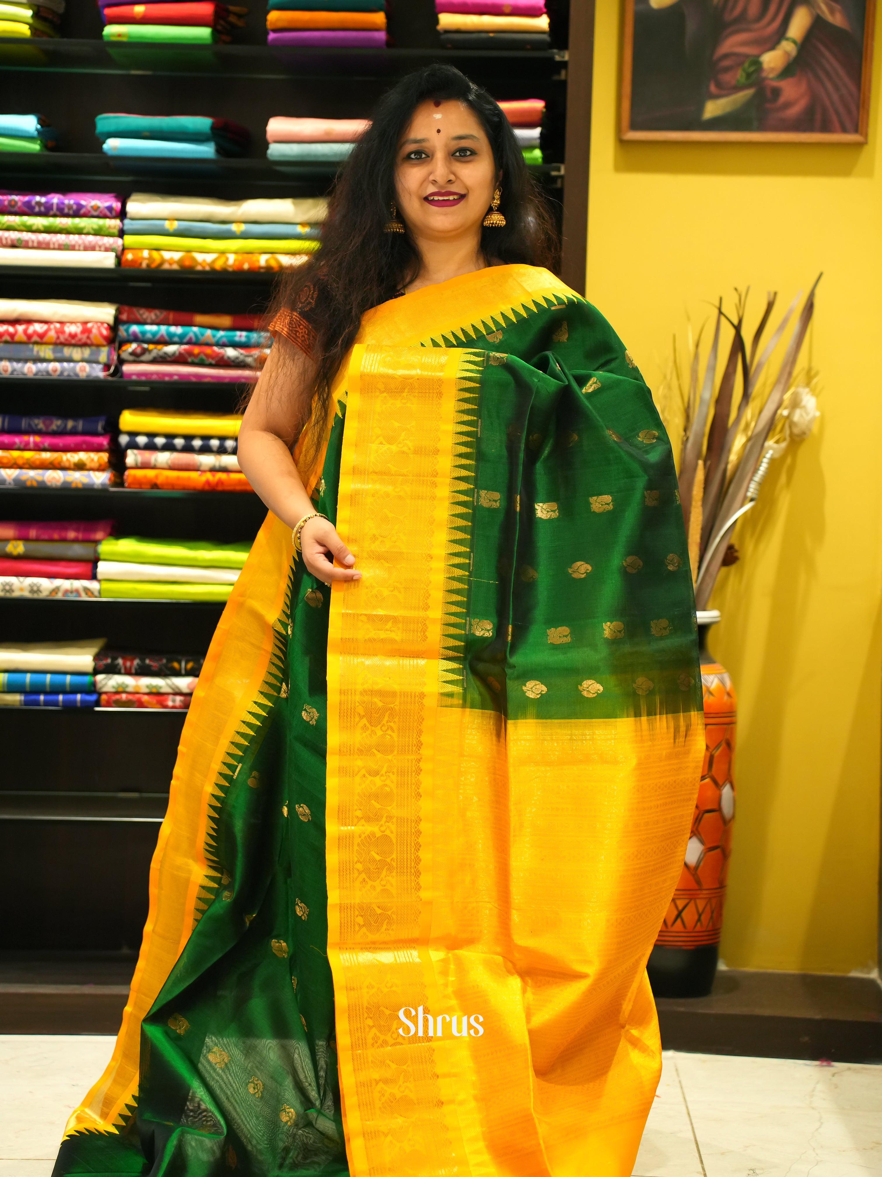 Green & Yellow - Silk Cotton Saree - Shop on ShrusEternity.com