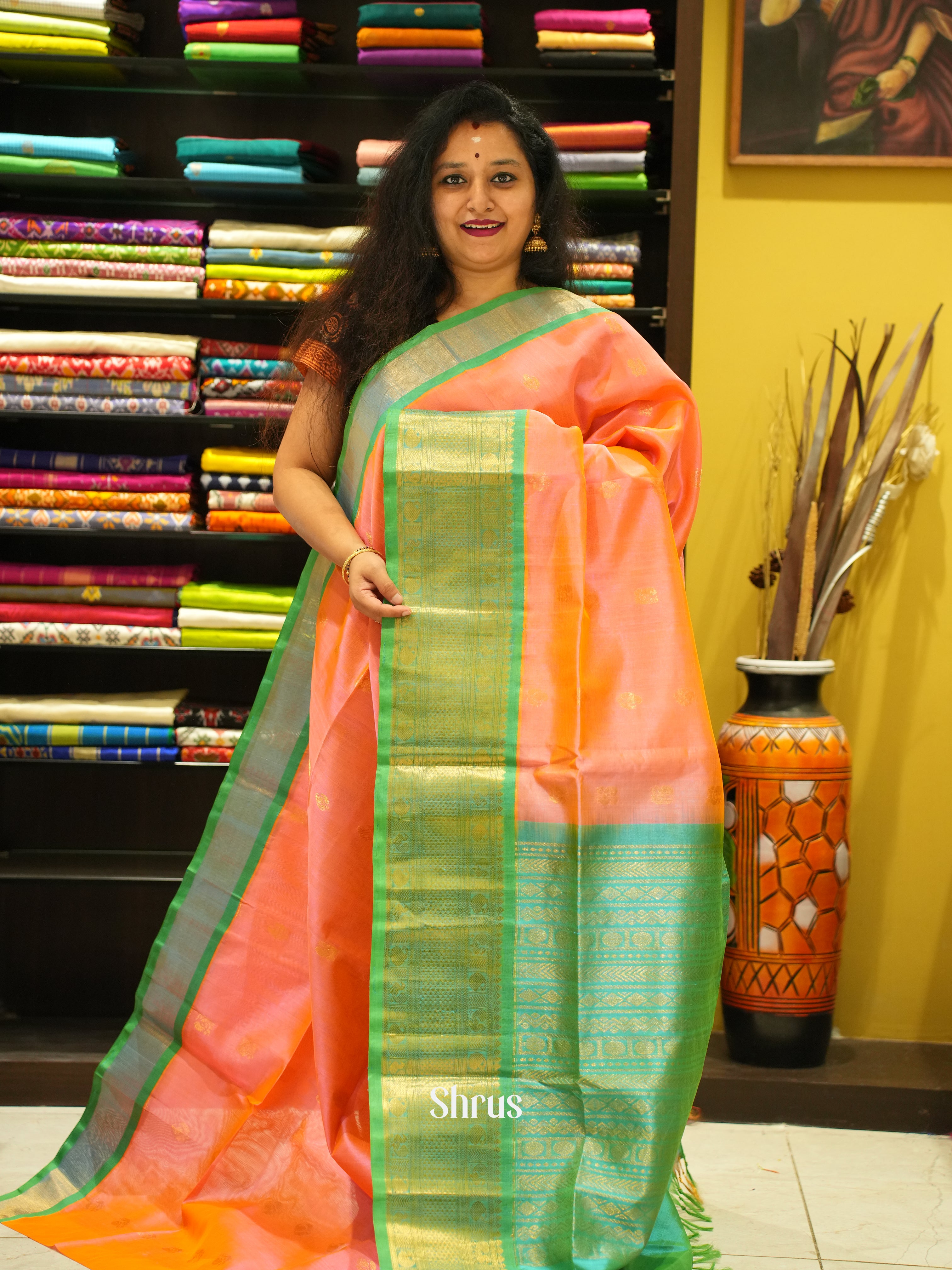 Peach & Green - Silk Cotton Saree - Shop on ShrusEternity.com