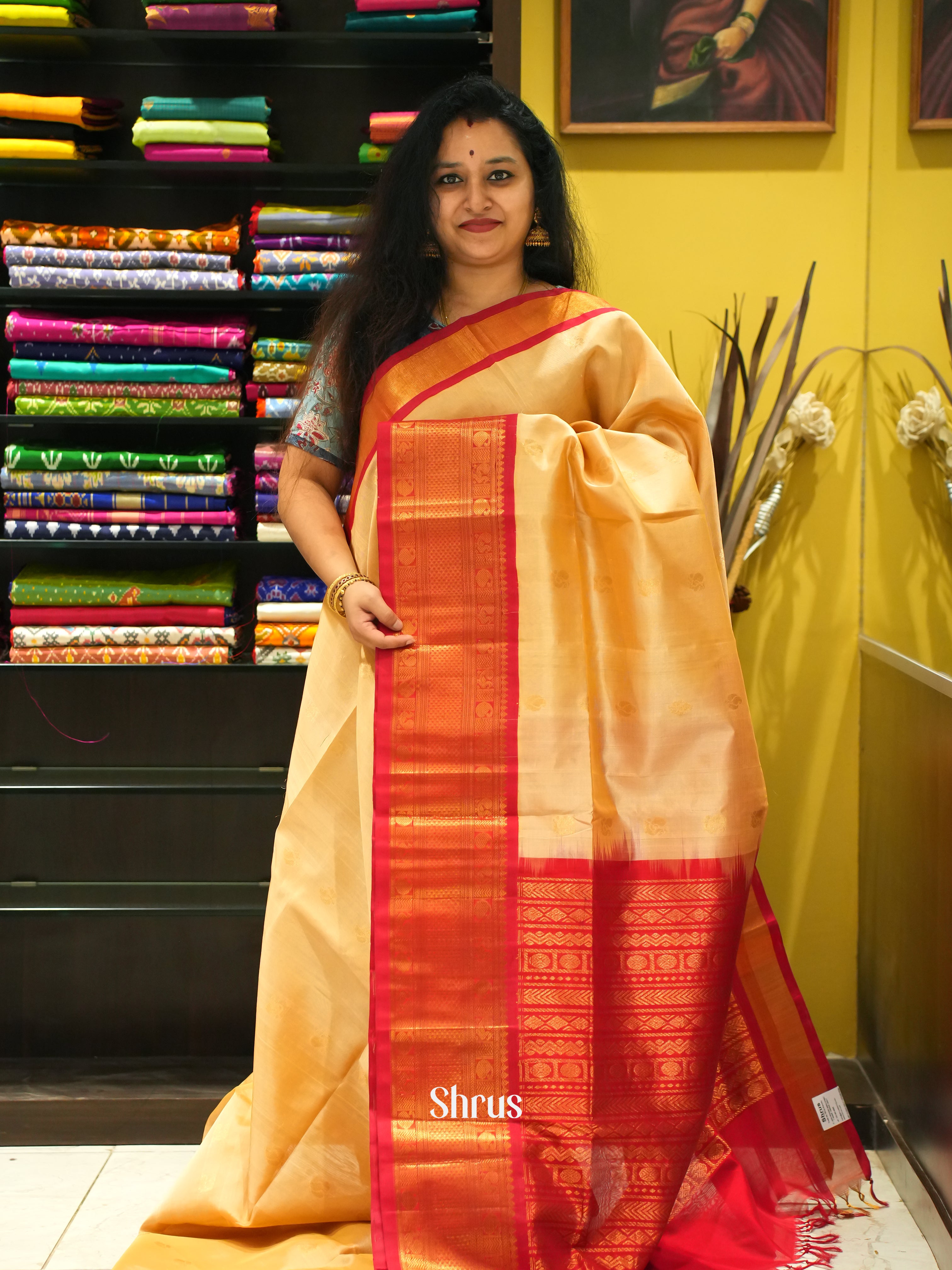 Sandal & Red - Silk Cotton Saree - Shop on ShrusEternity.com