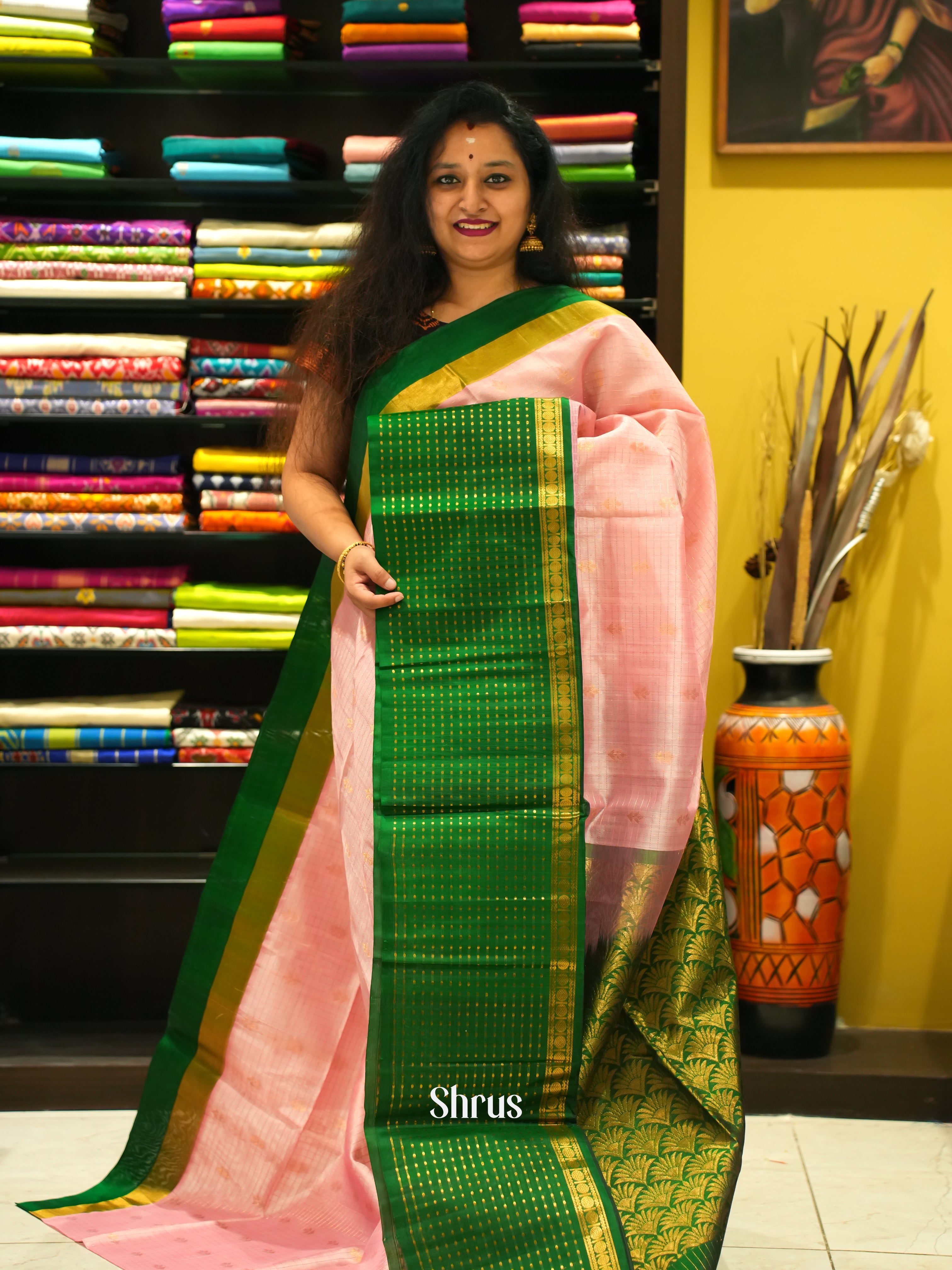 Pink & Green - Silk Cotton Saree - Shop on ShrusEternity.com