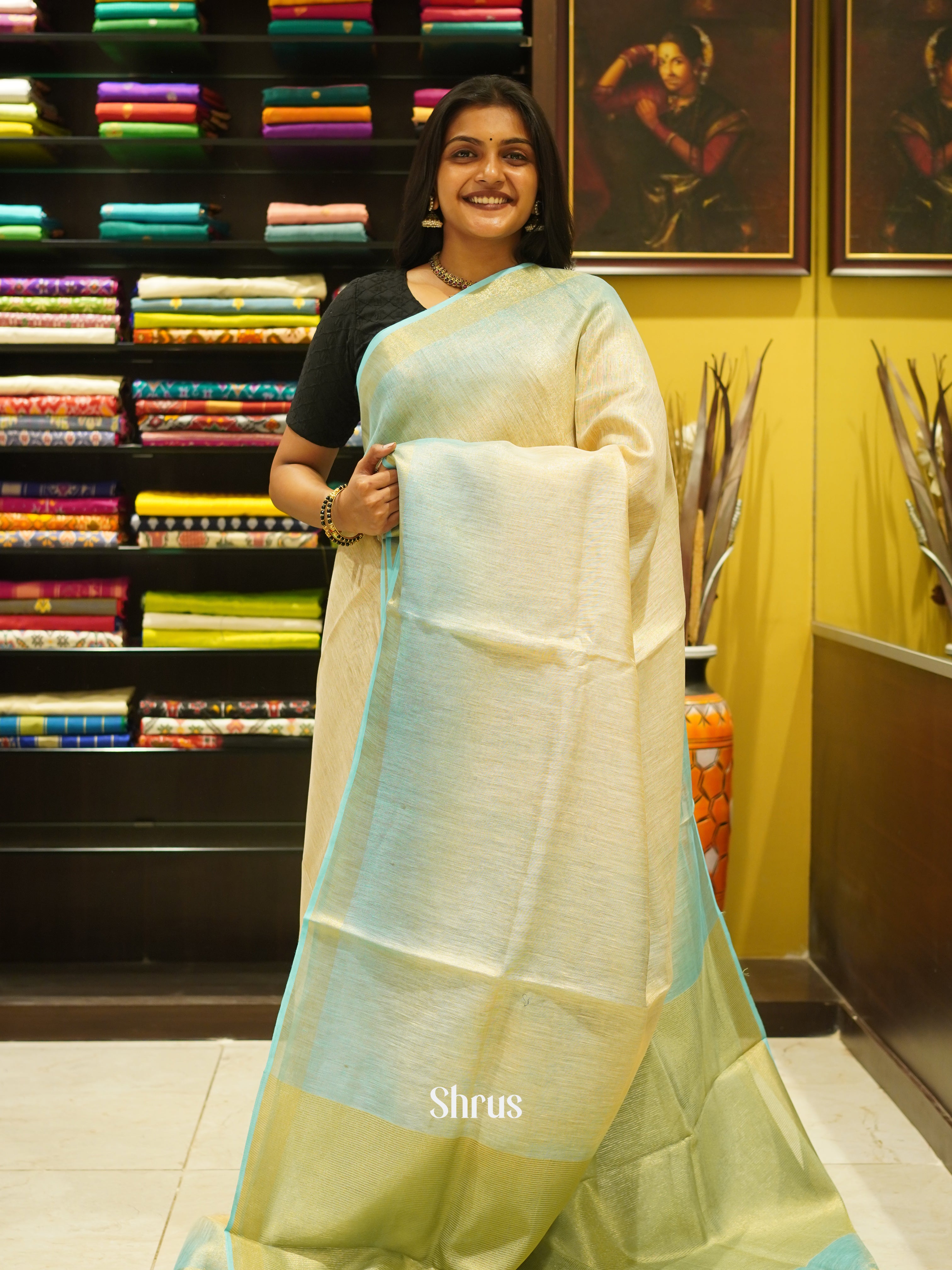 Cream & Blue - Linen Saree - Shop on ShrusEternity.com