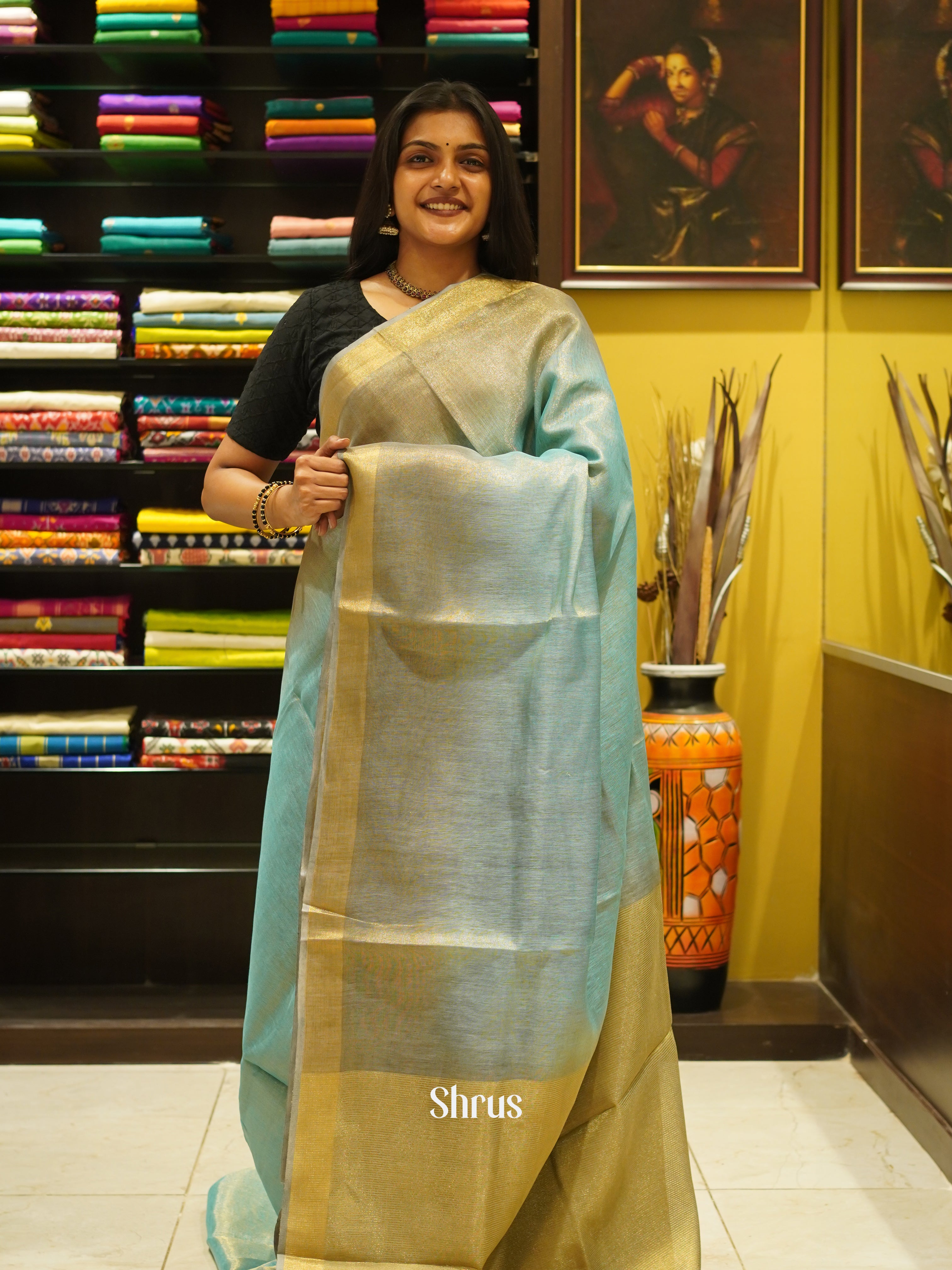 Blue & Gold -Linen Saree - Shop on ShrusEternity.com