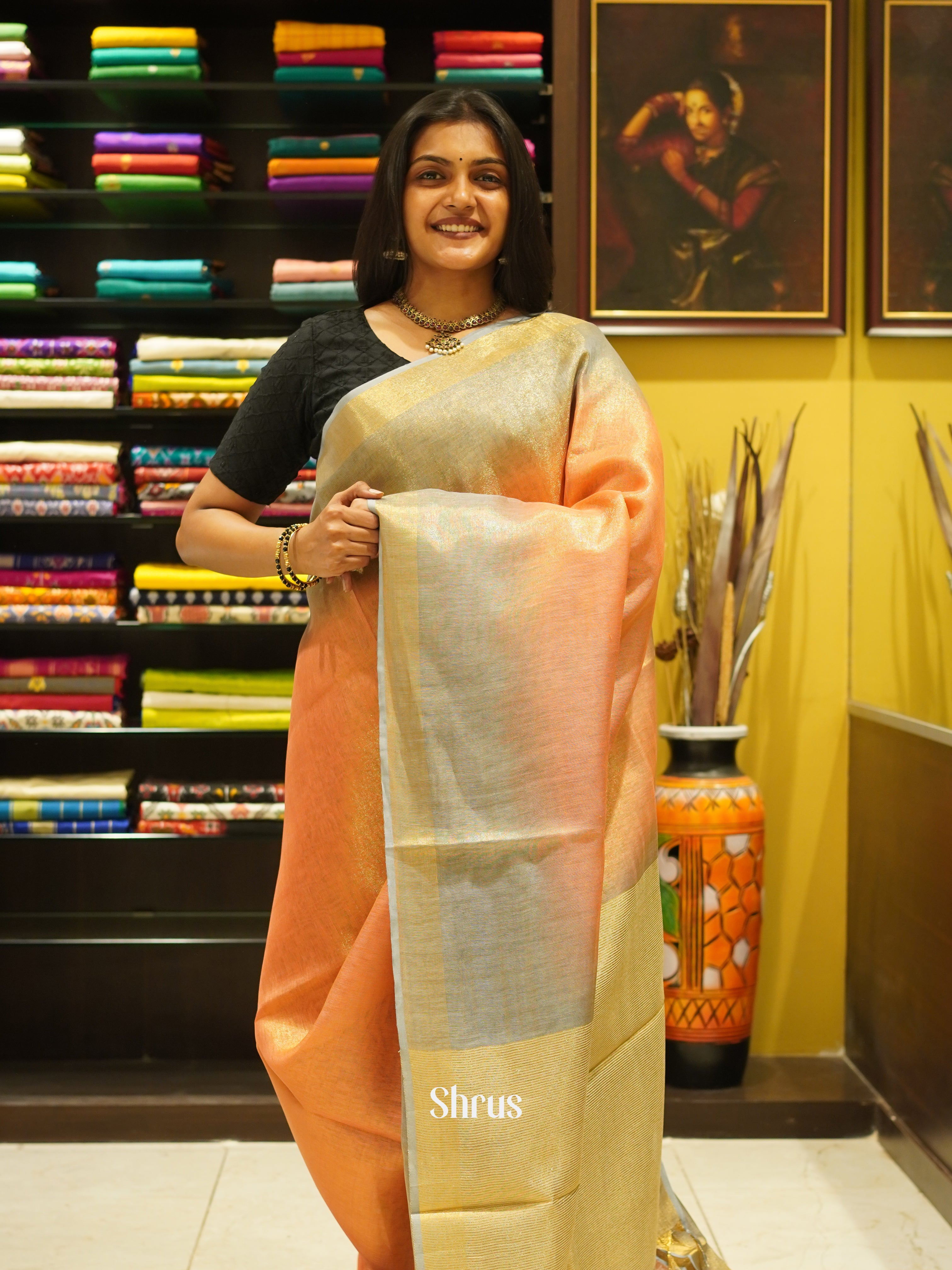Peach & Gold - Linen Saree - Shop on ShrusEternity.com
