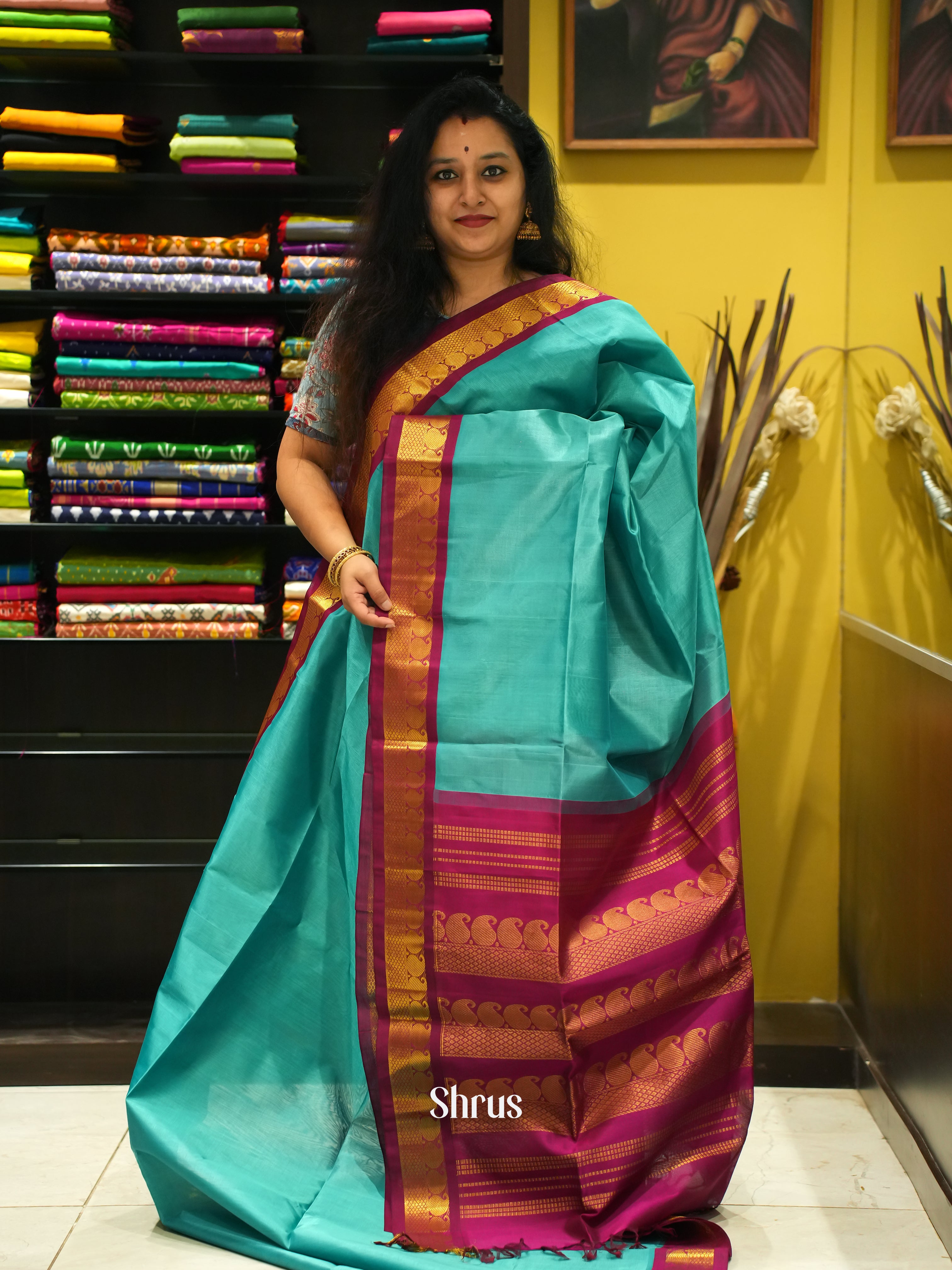 Blue & Wine - Silk Cotton Saree - Shop on ShrusEternity.com