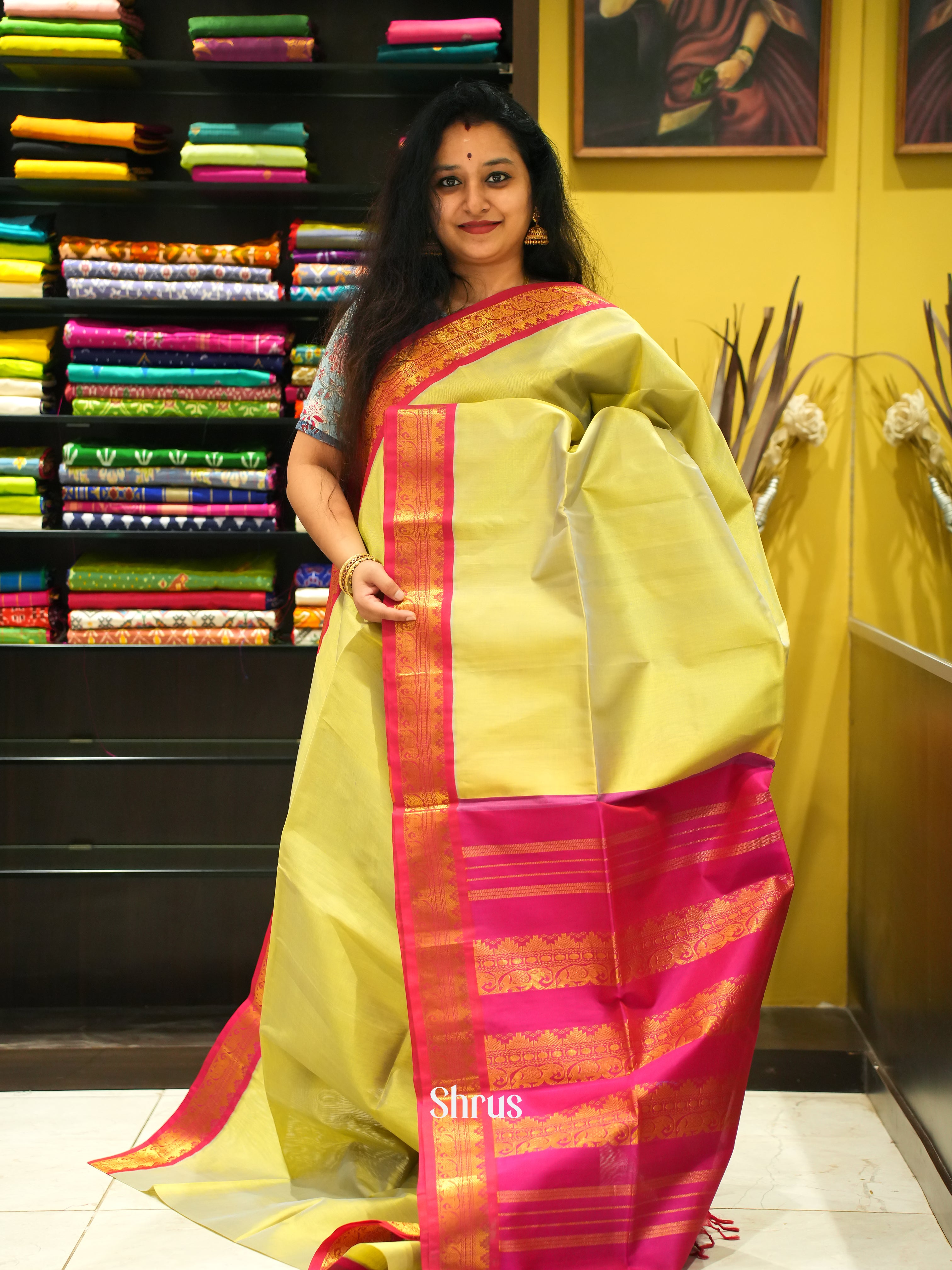 Green & Pink - Silk Cotton Saree - Shop on ShrusEternity.com