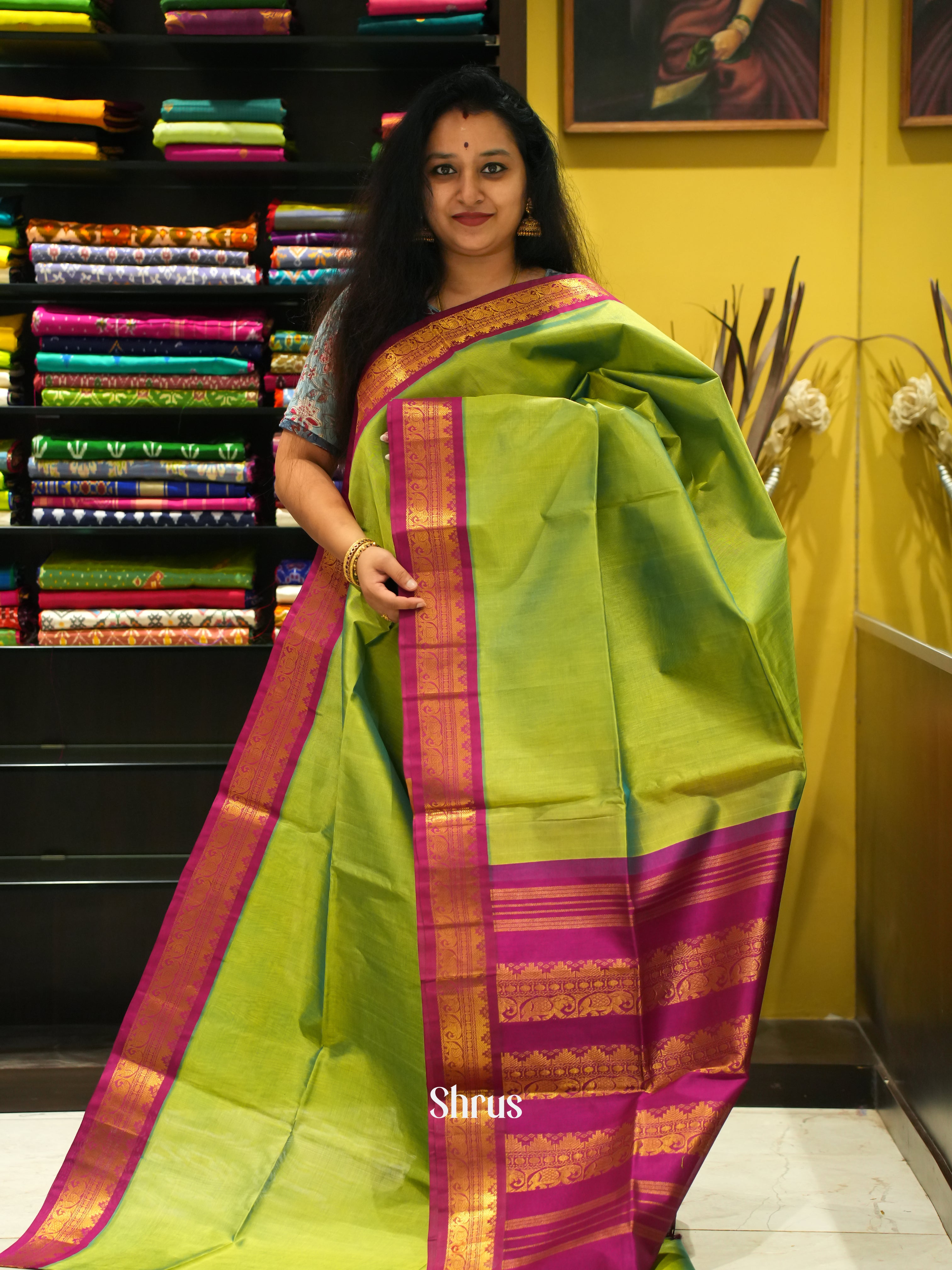 Green & Majenta - Silk Cotton Saree - Shop on ShrusEternity.com