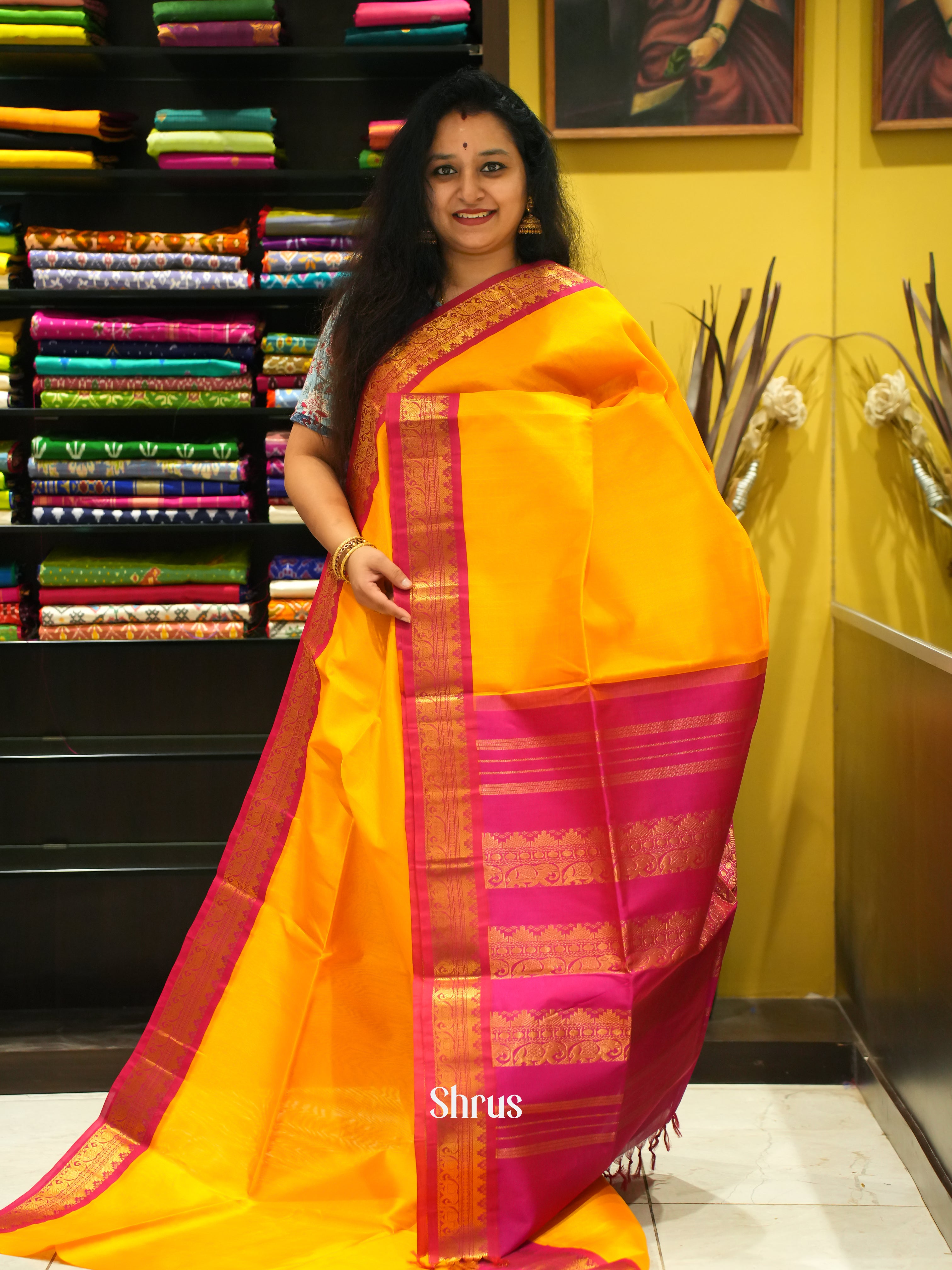Yellow & Pink - Silk Cotton Saree - Shop on ShrusEternity.com
