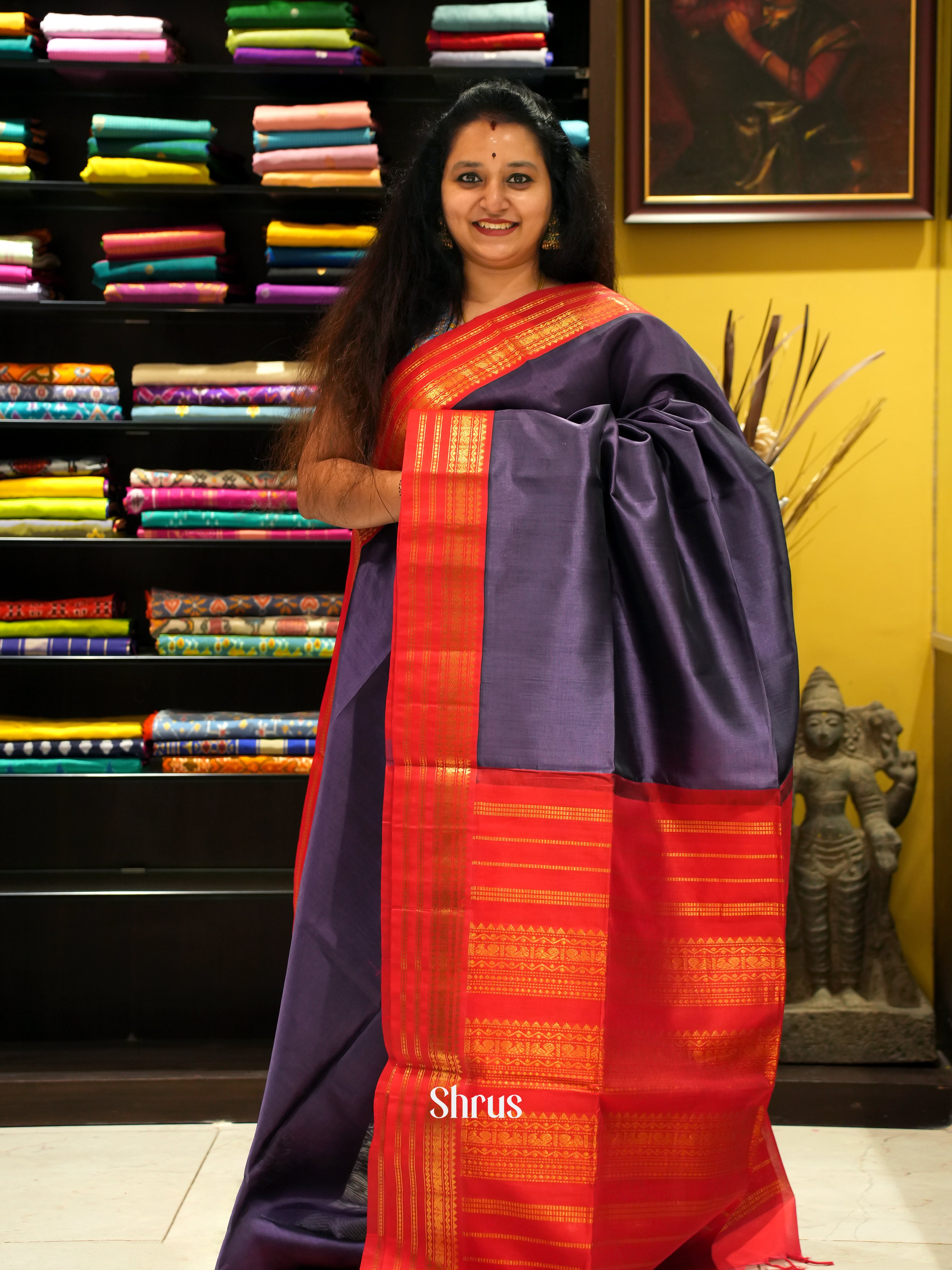 Navy Blue & Red- Silk Cotton Saree - Shop on ShrusEternity.com