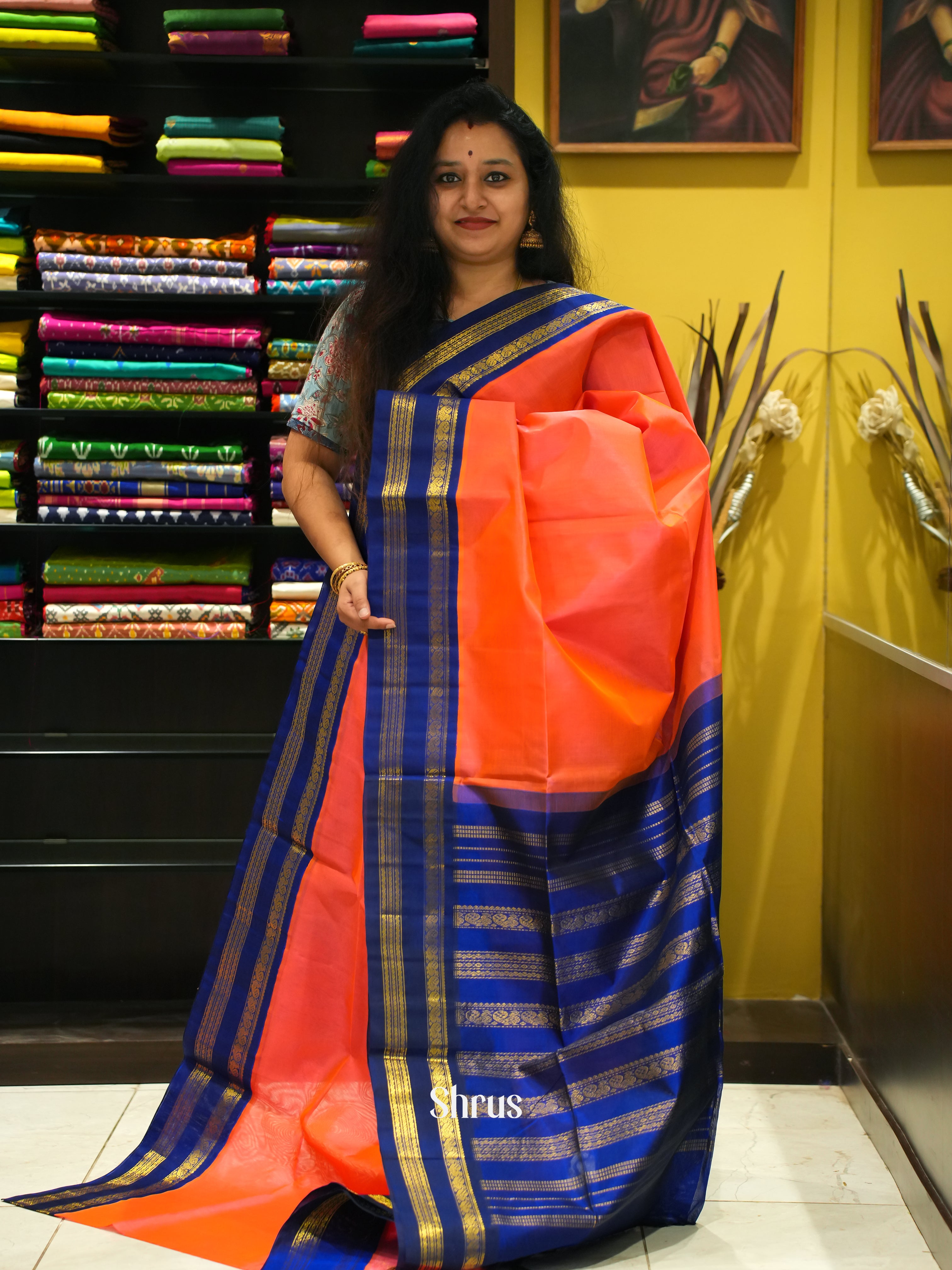 Orange & Blue - Silk Cotton Saree - Shop on ShrusEternity.com