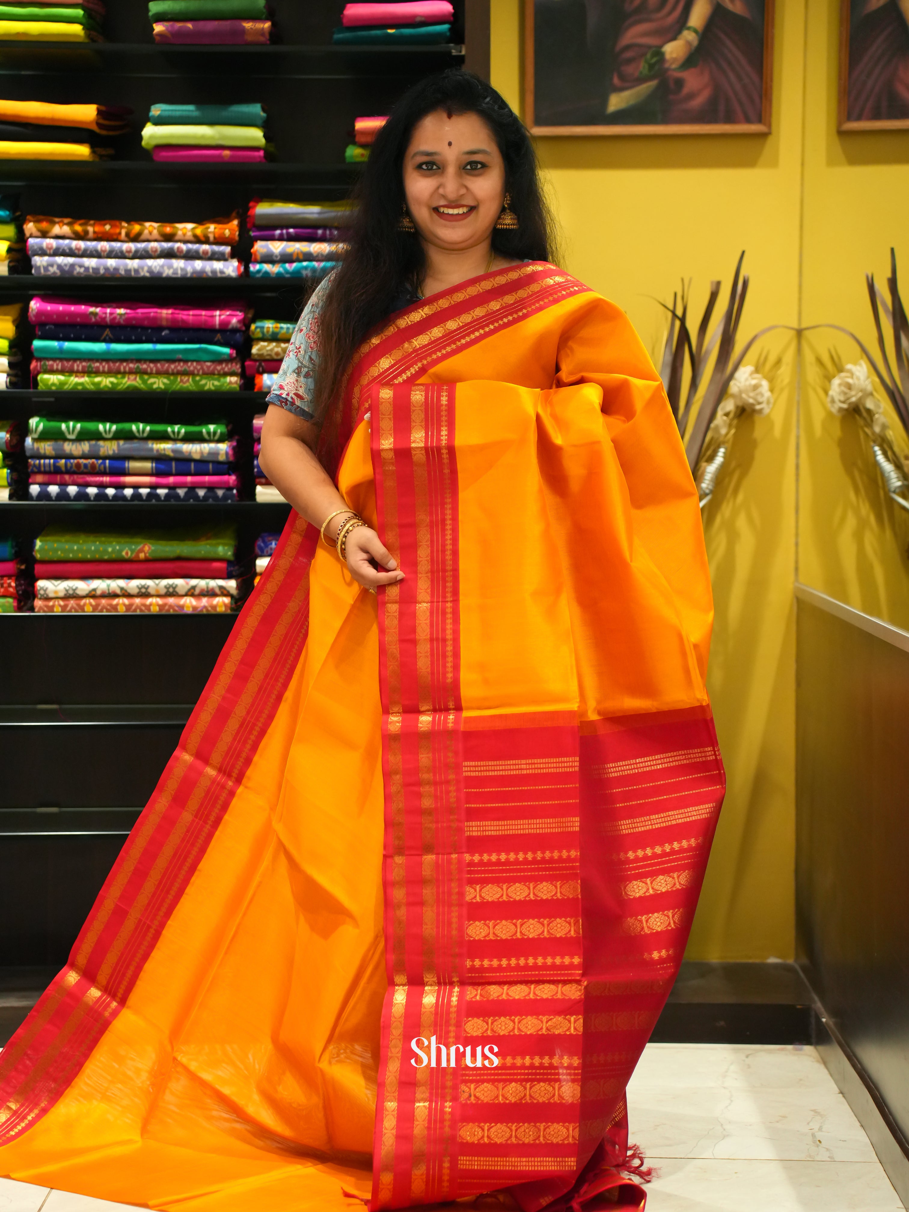 Yellow & Red - Silk Cotton Saree - Shop on ShrusEternity.com