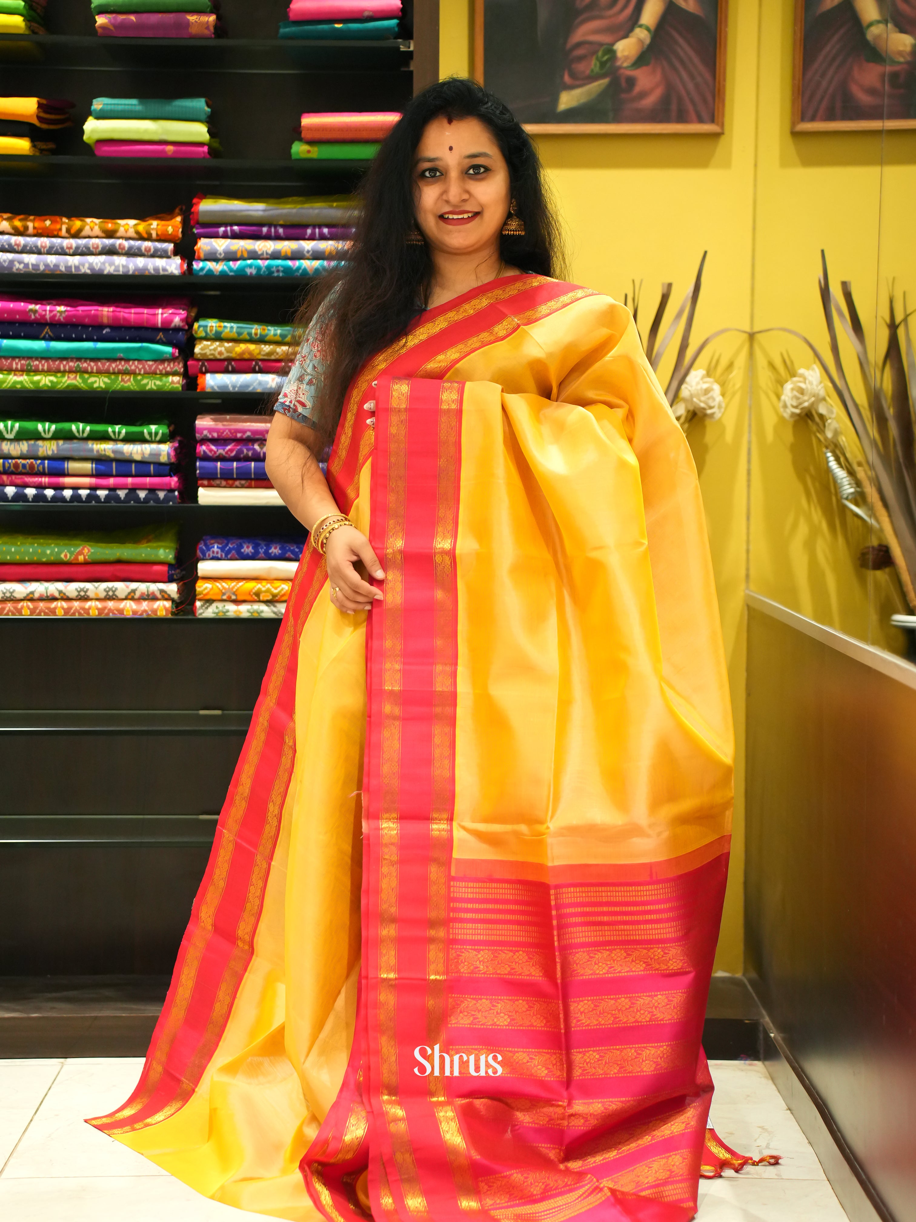 Yellow & Pink - Silk Cotton Saree - Shop on ShrusEternity.com