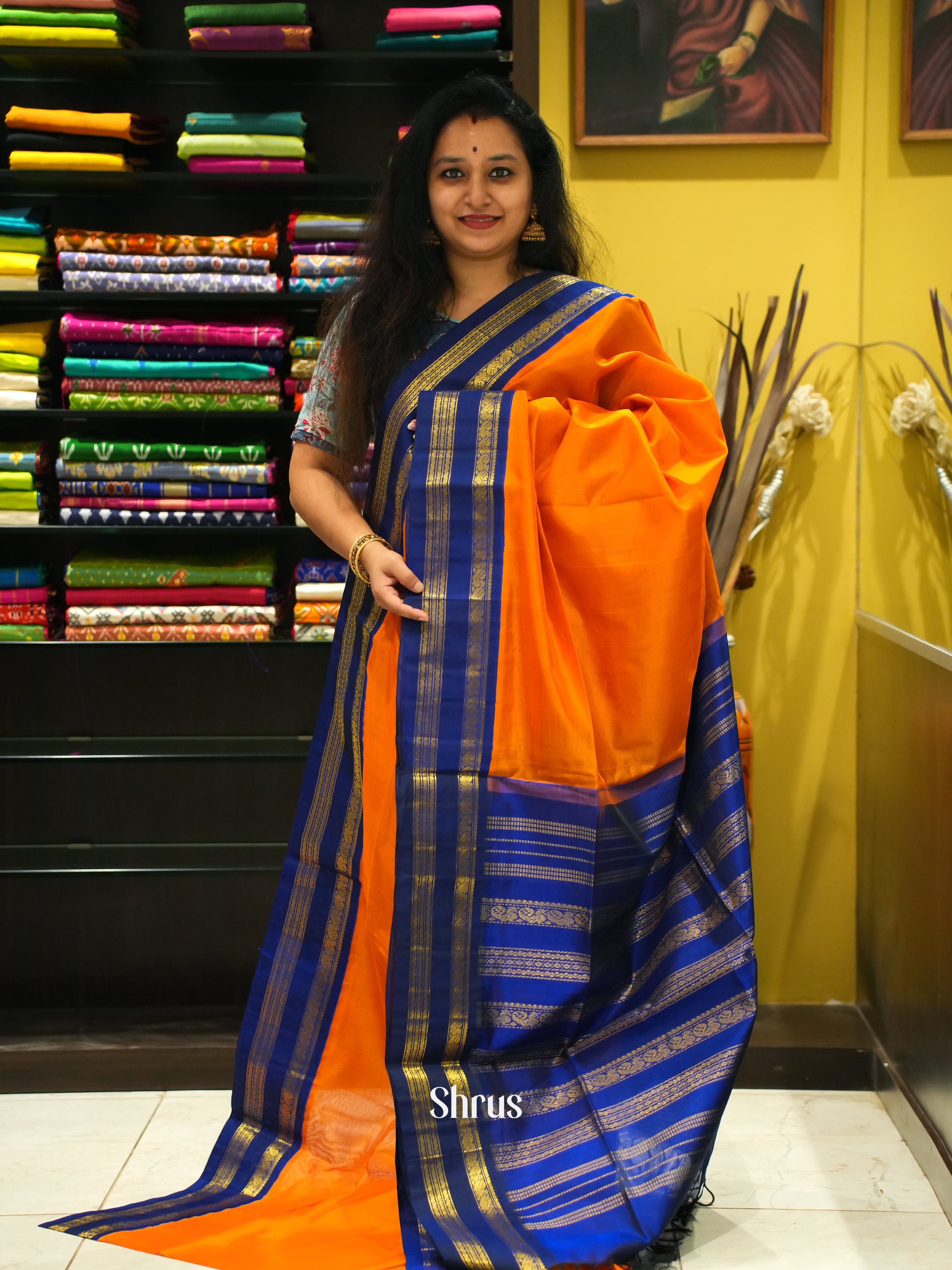 Orange & Blue - Silk Cotton Saree - Shop on ShrusEternity.com