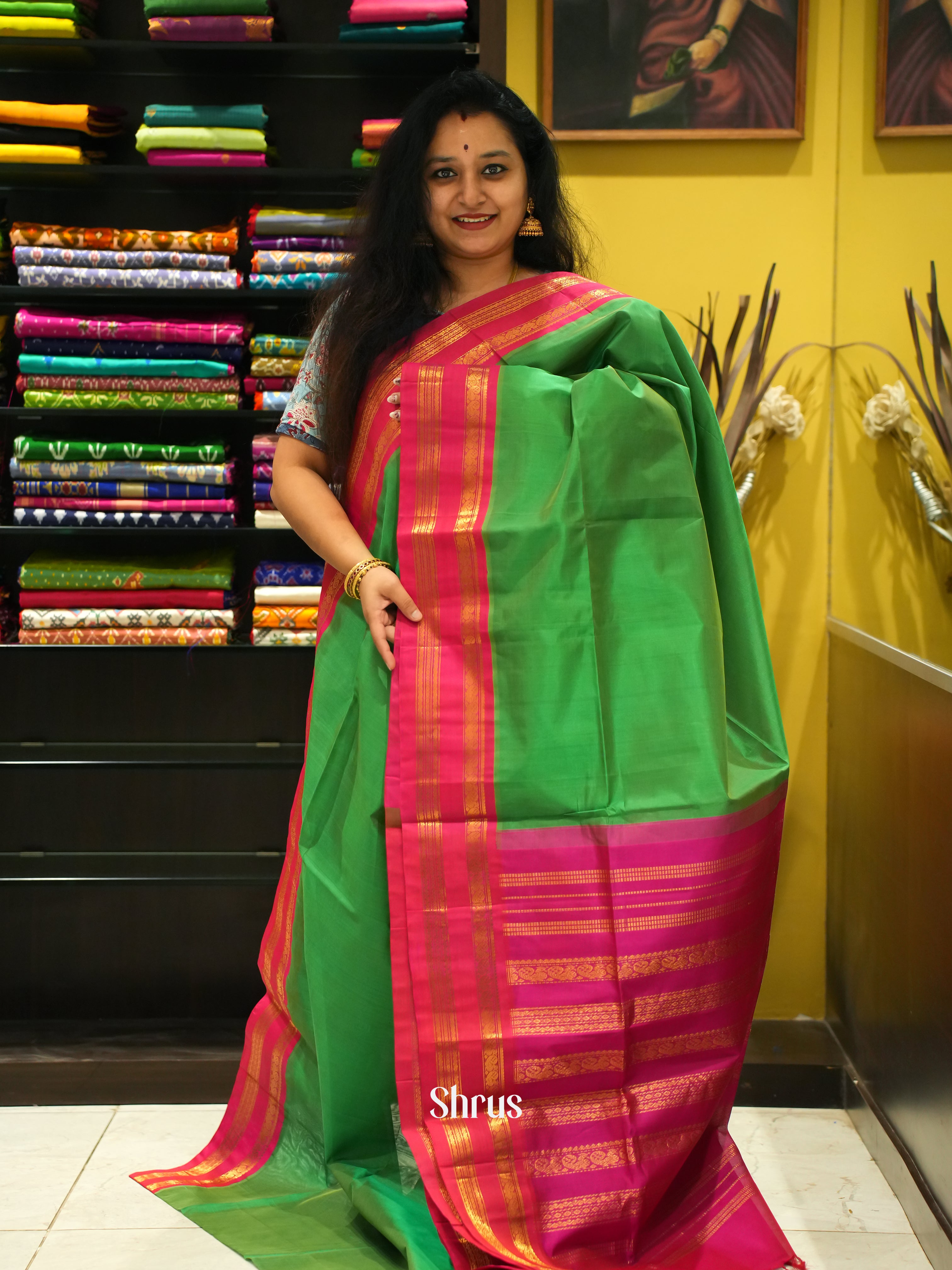 Green & Pink - Silk Cotton Saree - Shop on ShrusEternity.com