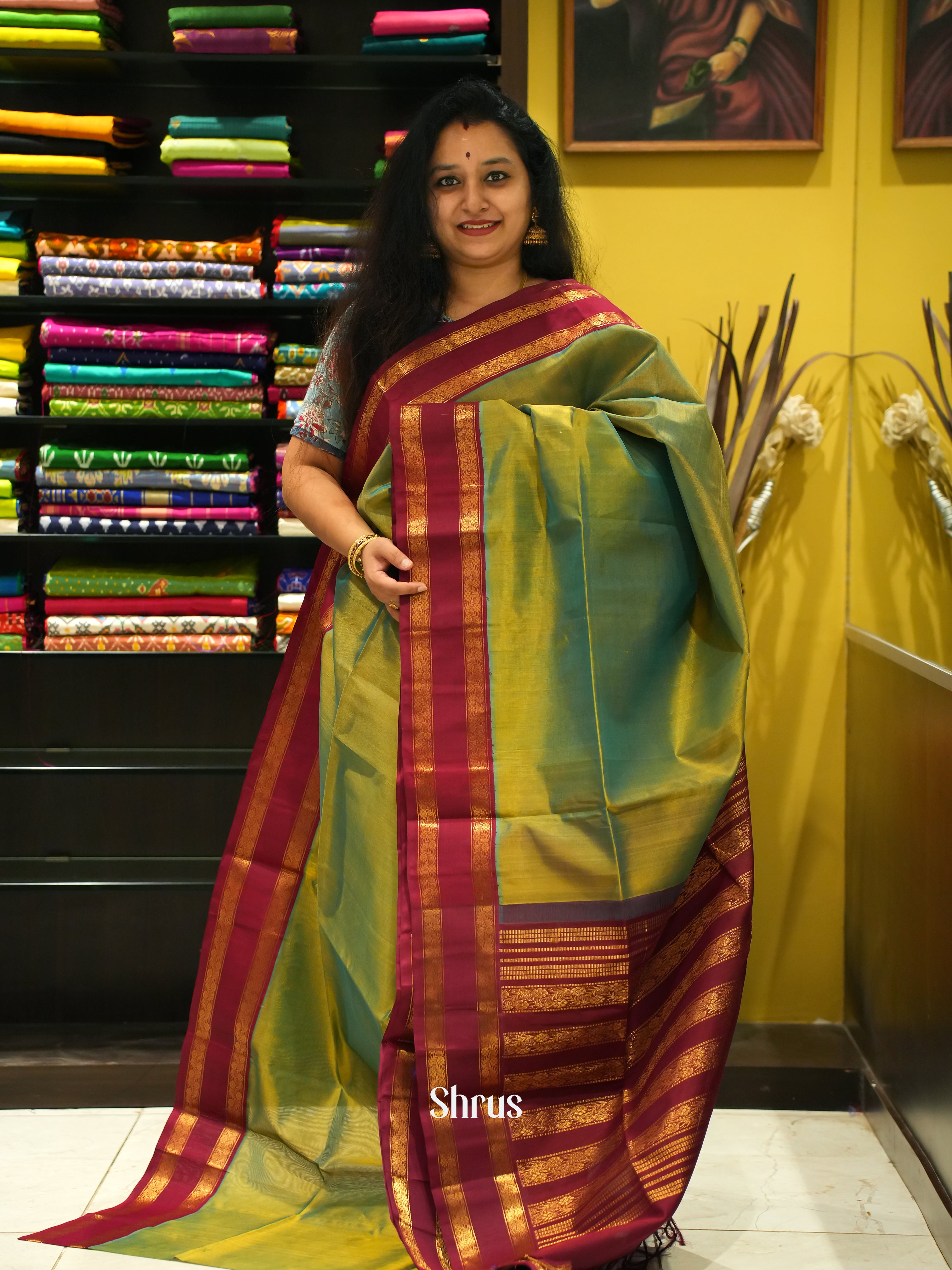 Green & Maroon - Silk Cotton Saree - Shop on ShrusEternity.com