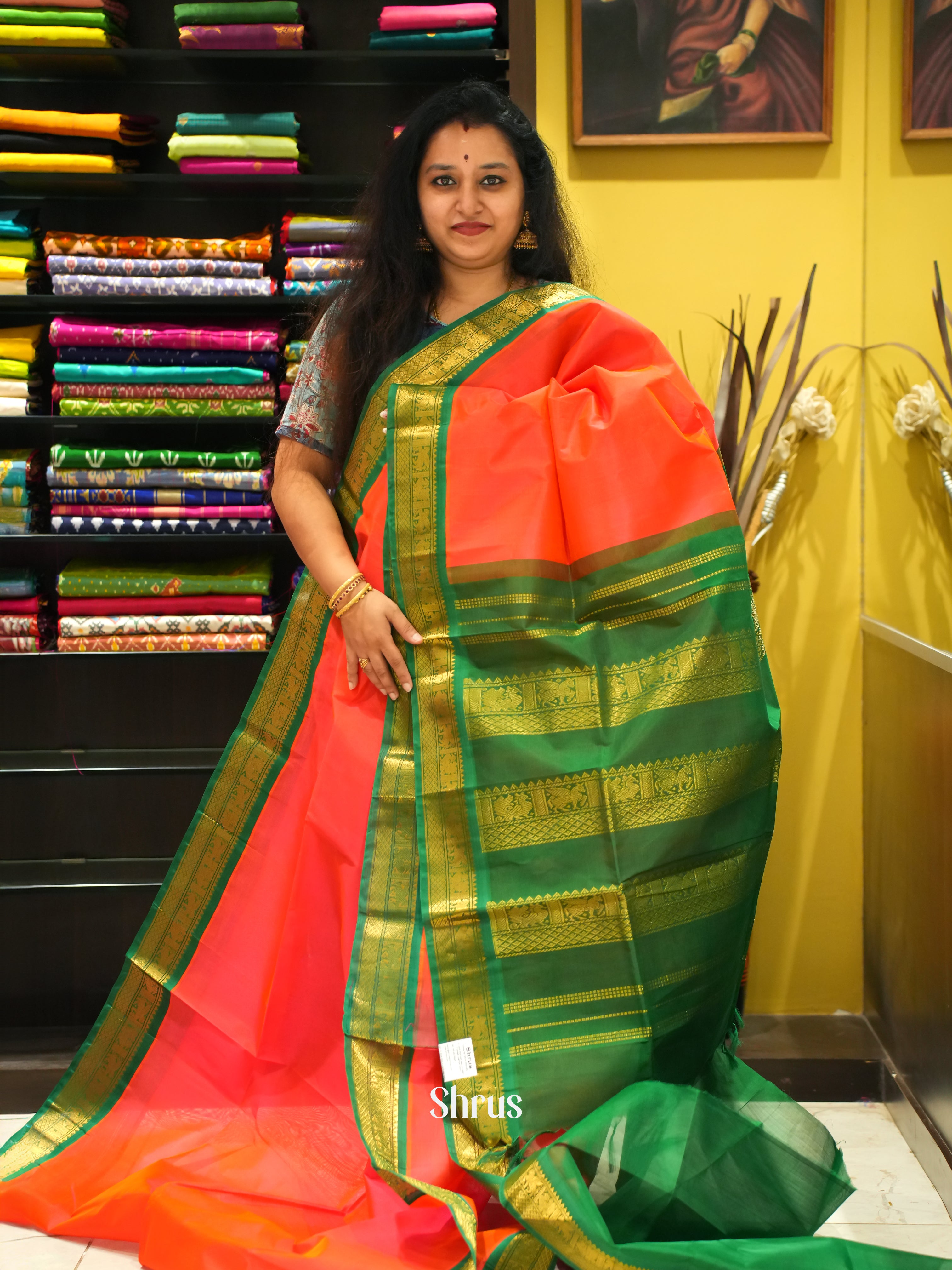 Orange & Green - Silk Cotton Saree - Shop on ShrusEternity.com