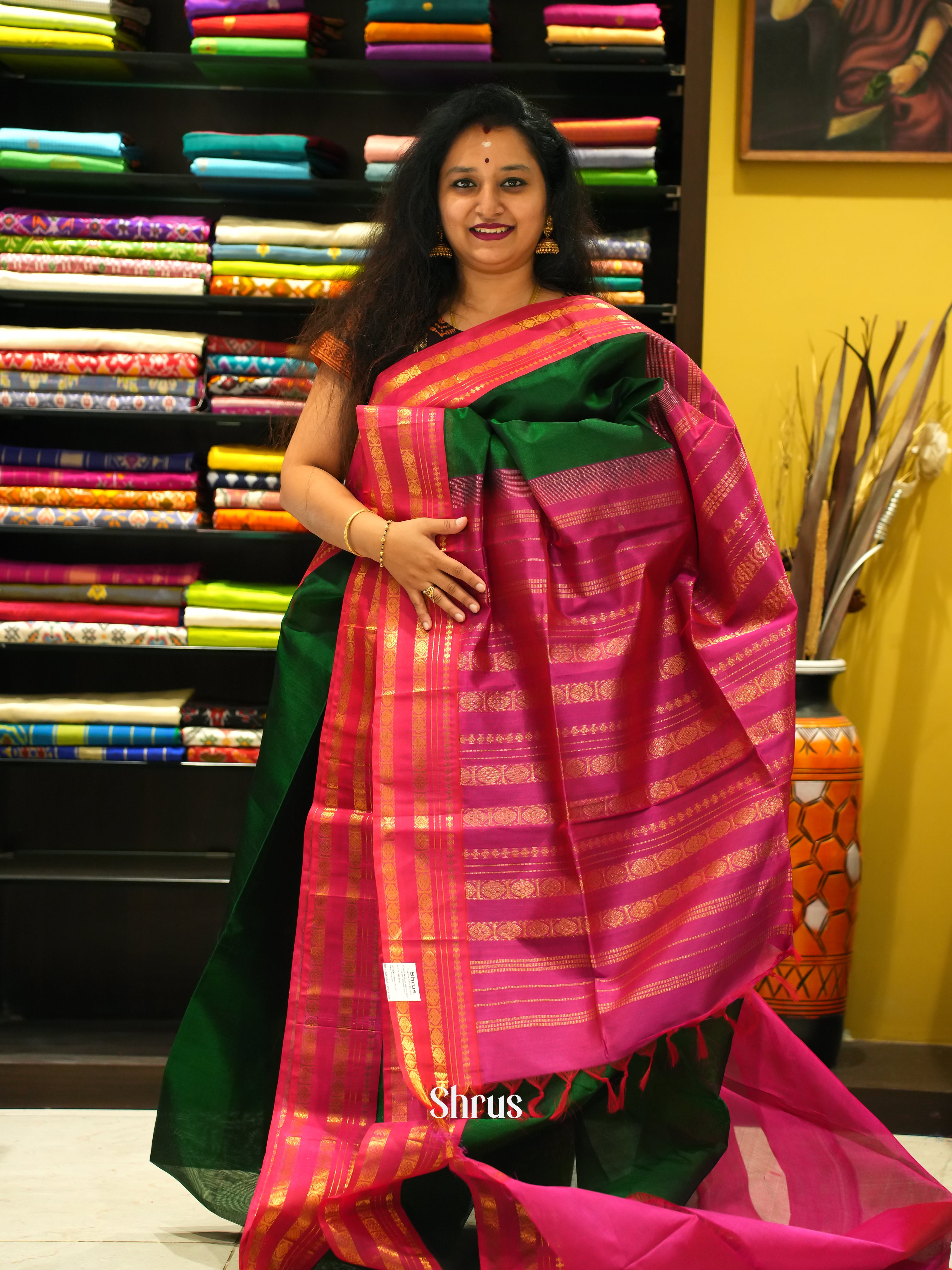 Green & Pink - Silk Cotton Saree - Shop on ShrusEternity.com