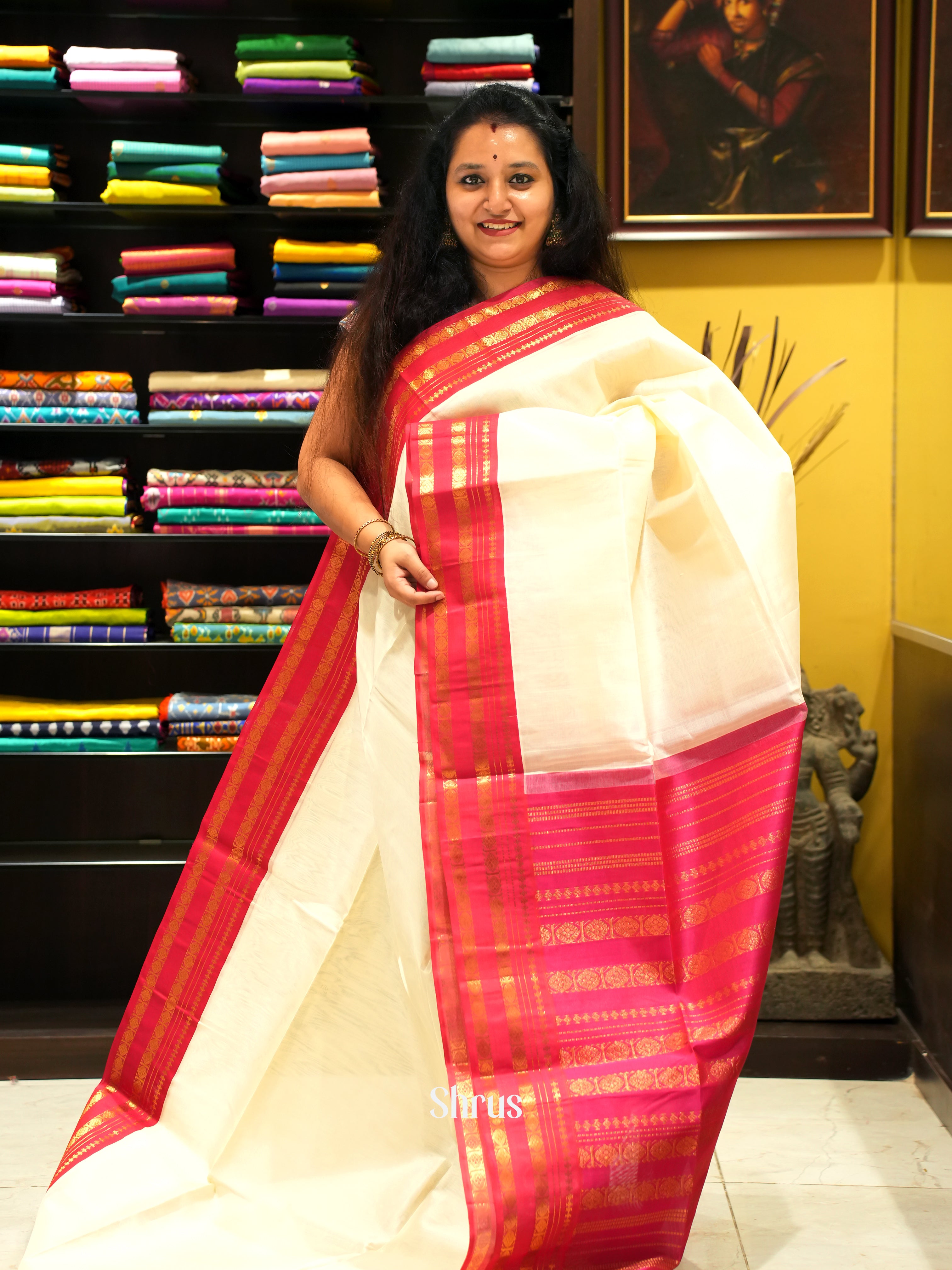 Cream & Reddish Pink - Silk Cotton Saree - Shop on ShrusEternity.com