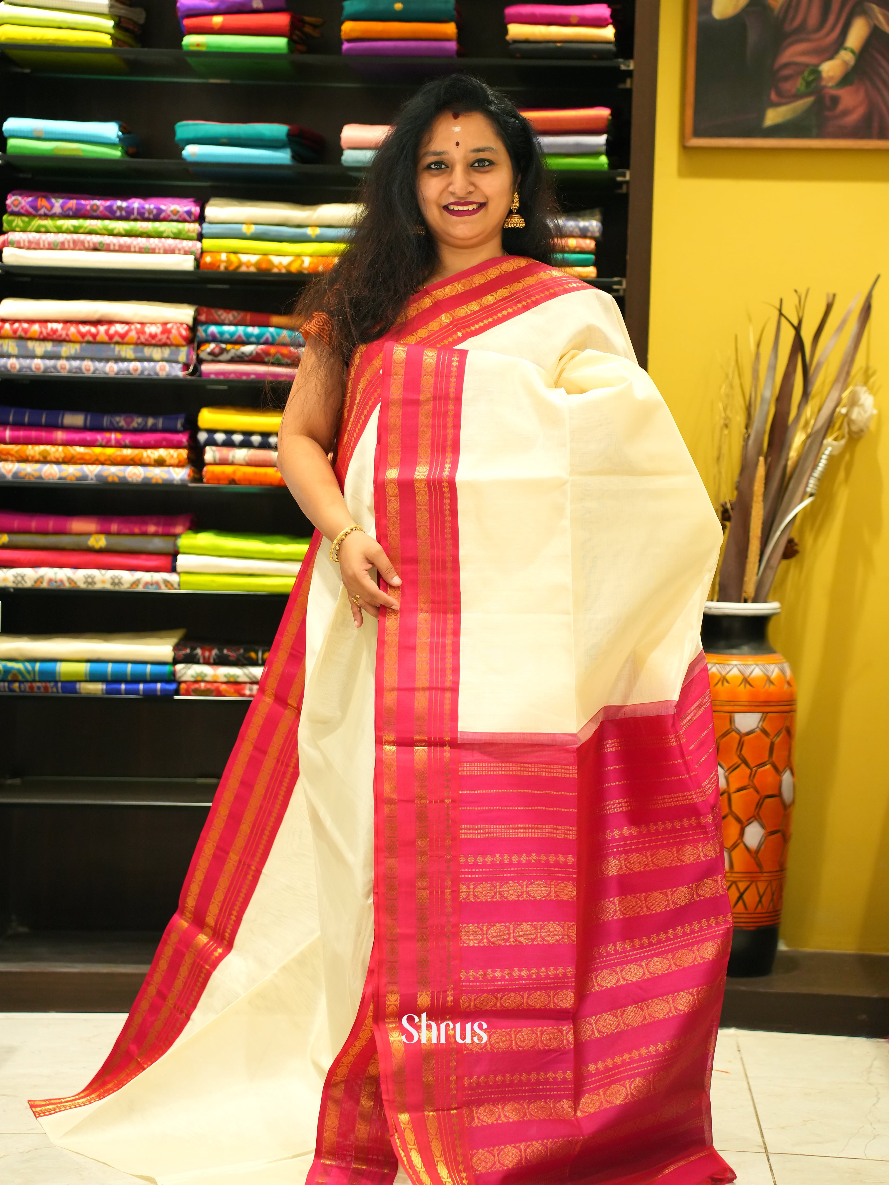 Cream & Reddish Pink - Silk Cotton Saree - Shop on ShrusEternity.com