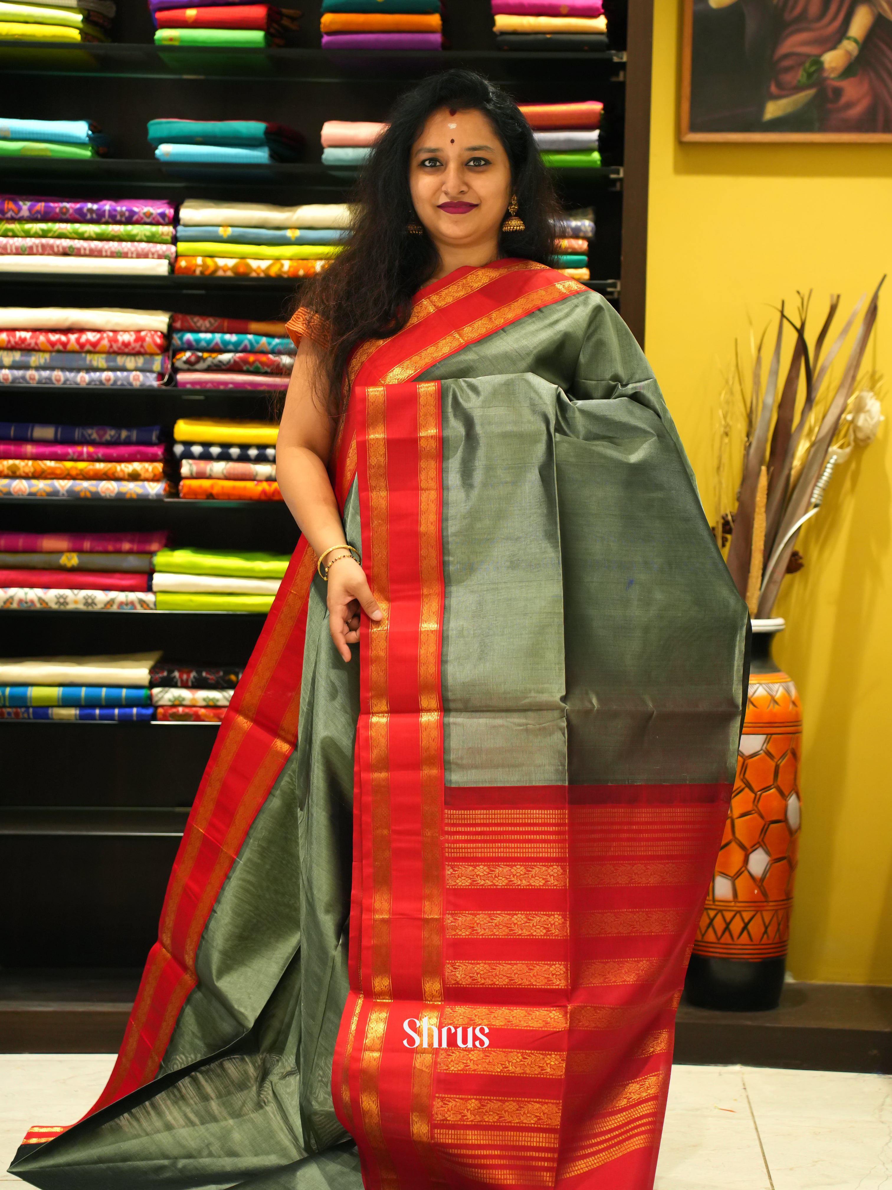 Grey & Red - Silk Cotton Saree - Shop on ShrusEternity.com